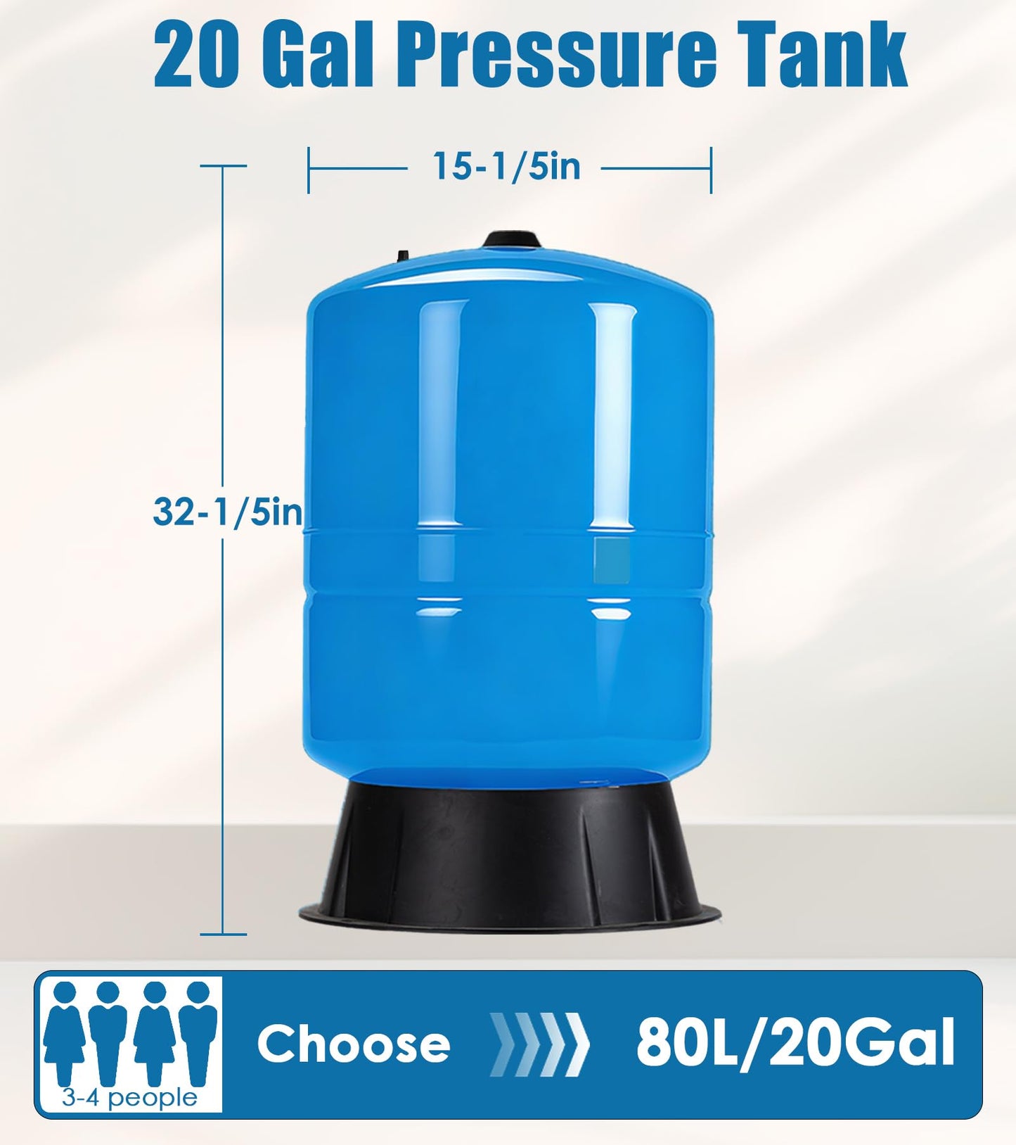 20gallon Water Pressure Tank For Well Systems, Vertical Bladder Tank for 30/50 | 40/60 Switch, Pressurized Tank with Diaphragm & Drinking Liner, for Home Domestic Water Supply (20GAL)