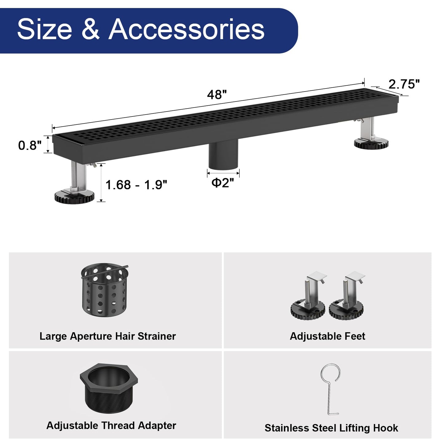 Linear Shower Drain | 48 Inch AISI 304 Stainless Steel Shower Drain, Matte Black Linear Drain with Removable Quadrato Grate Cover & Adjustable Feet, Rectangle Floor Drain, in Bathroom Balcony etc