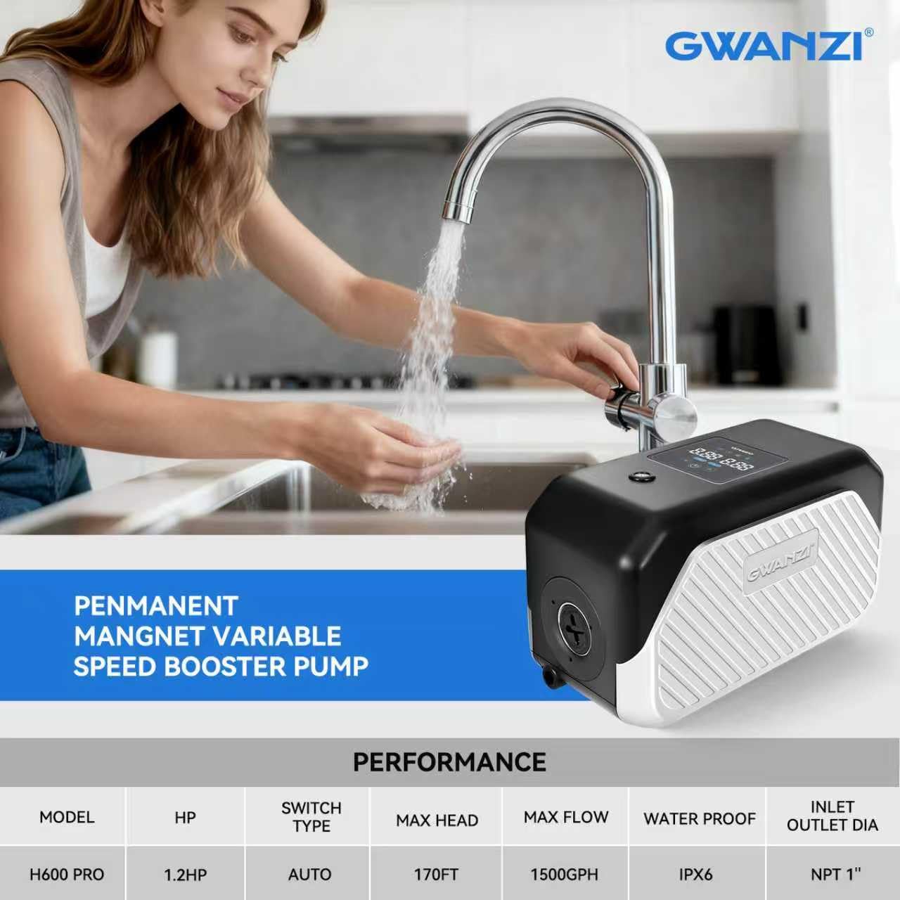 Gwanzi 1.2HP Whole House Variable Speed Water Pressure Booster Pump 90PSI 115V Automatic Penmanent Mangnet Motor Constant Pressure 1500GPH Wireless App Control for Home House Villa Apartmen