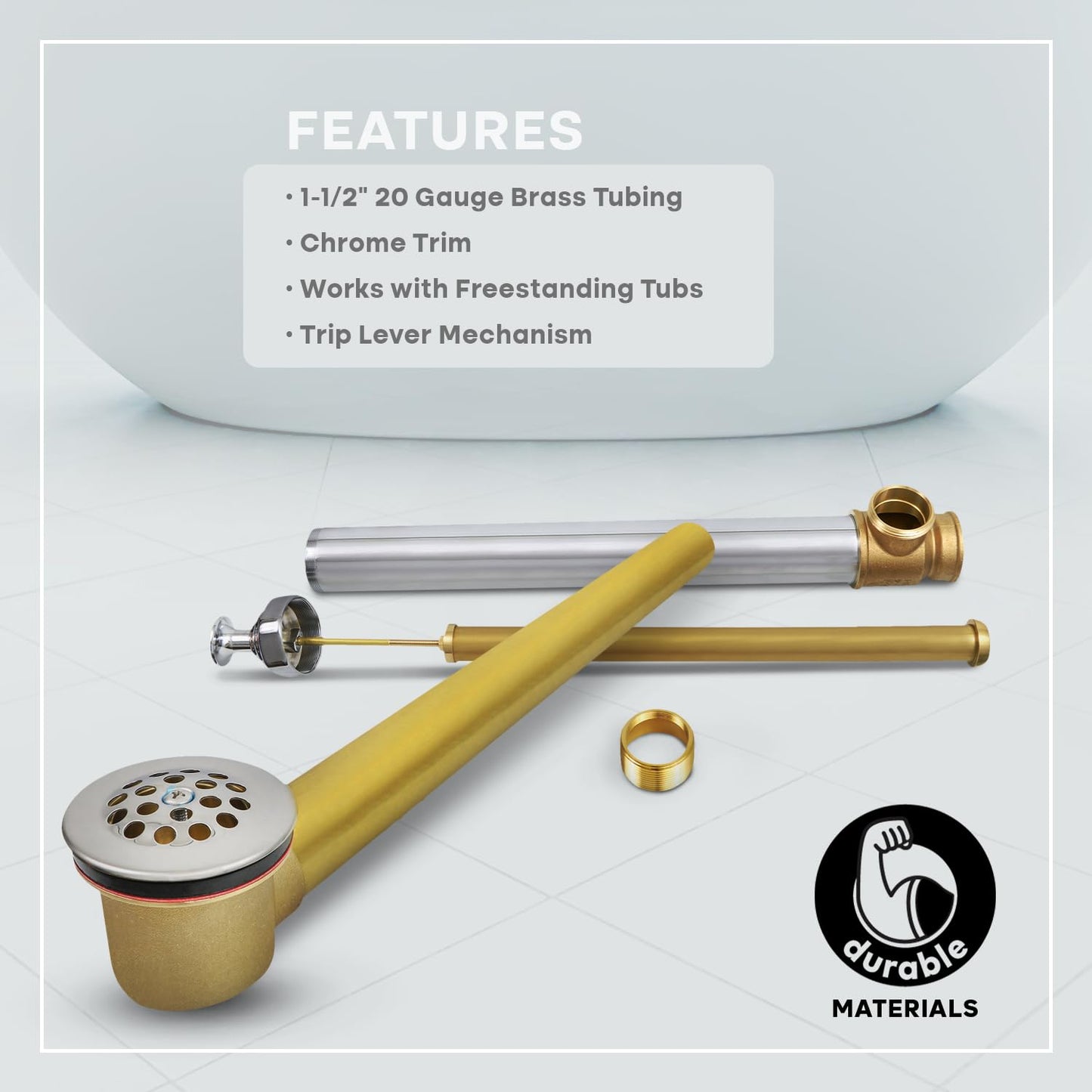 Highcraft 1-1/2" Brass Standing Bath Waste & Overflow Combination Male & Female, 19" Brass Tube