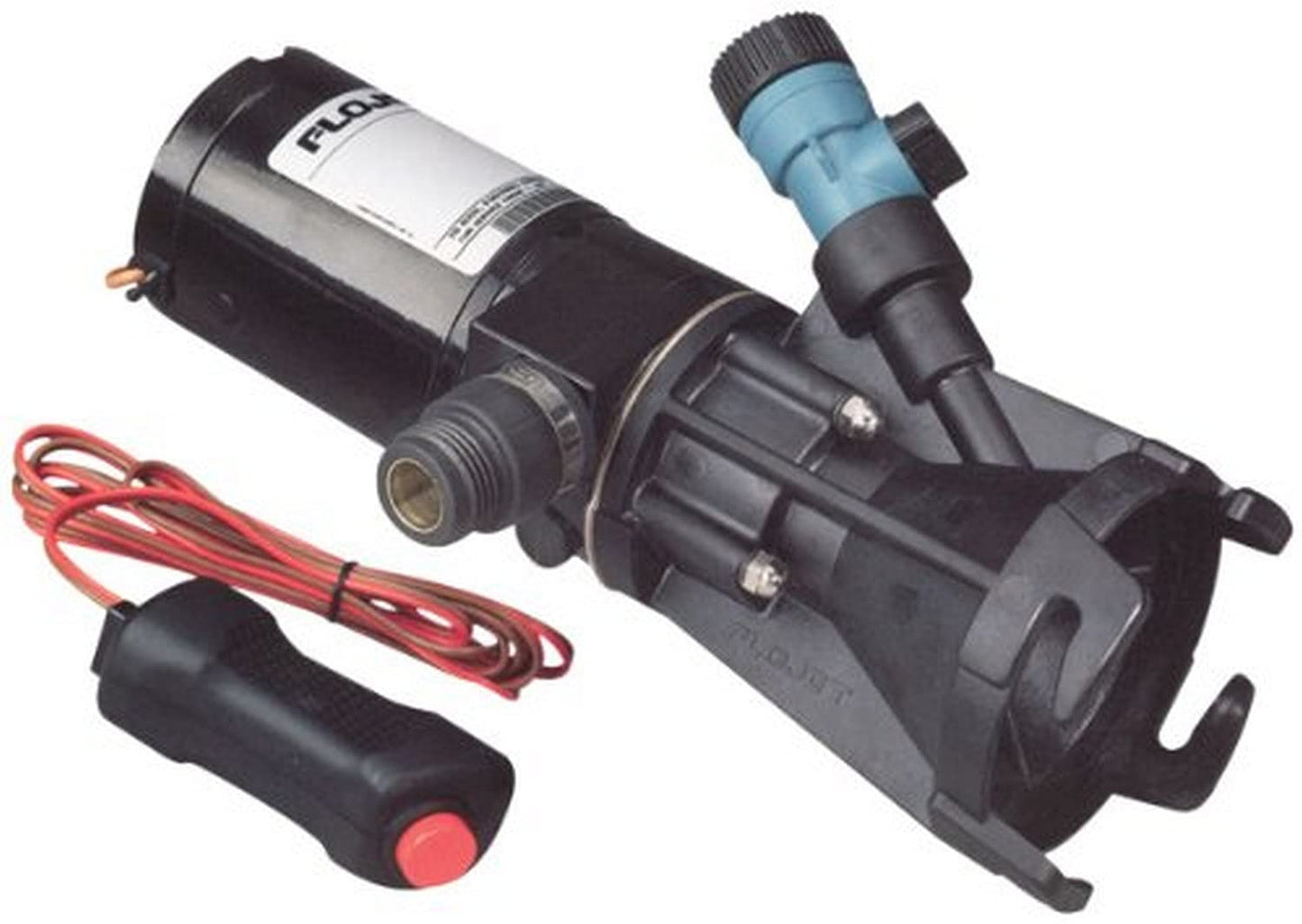 Flojet 18555-000A Portable RV Waste Pump with Garden Hose Discharge Port - 12 VDC Motor & Valterra 1218.103 T1026-1 45° Clearview Adapter with 3" Bay Lug