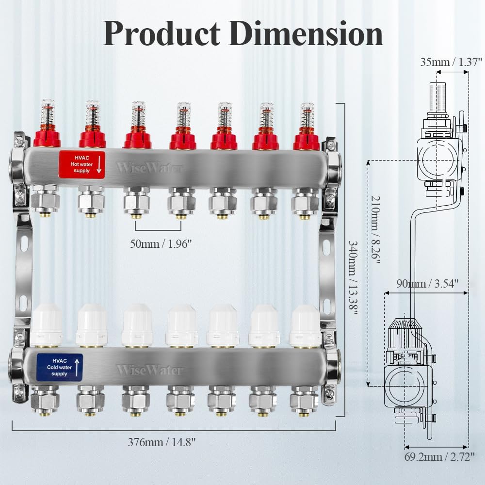 AB 7 Loop PEX/Radiant Manifold, PEX Tubing Radiant Heat Manifolds with 1/2'' Compatible Outlets, for Hydronic Radiant Floor Heating (1/2'' Adapters Included)