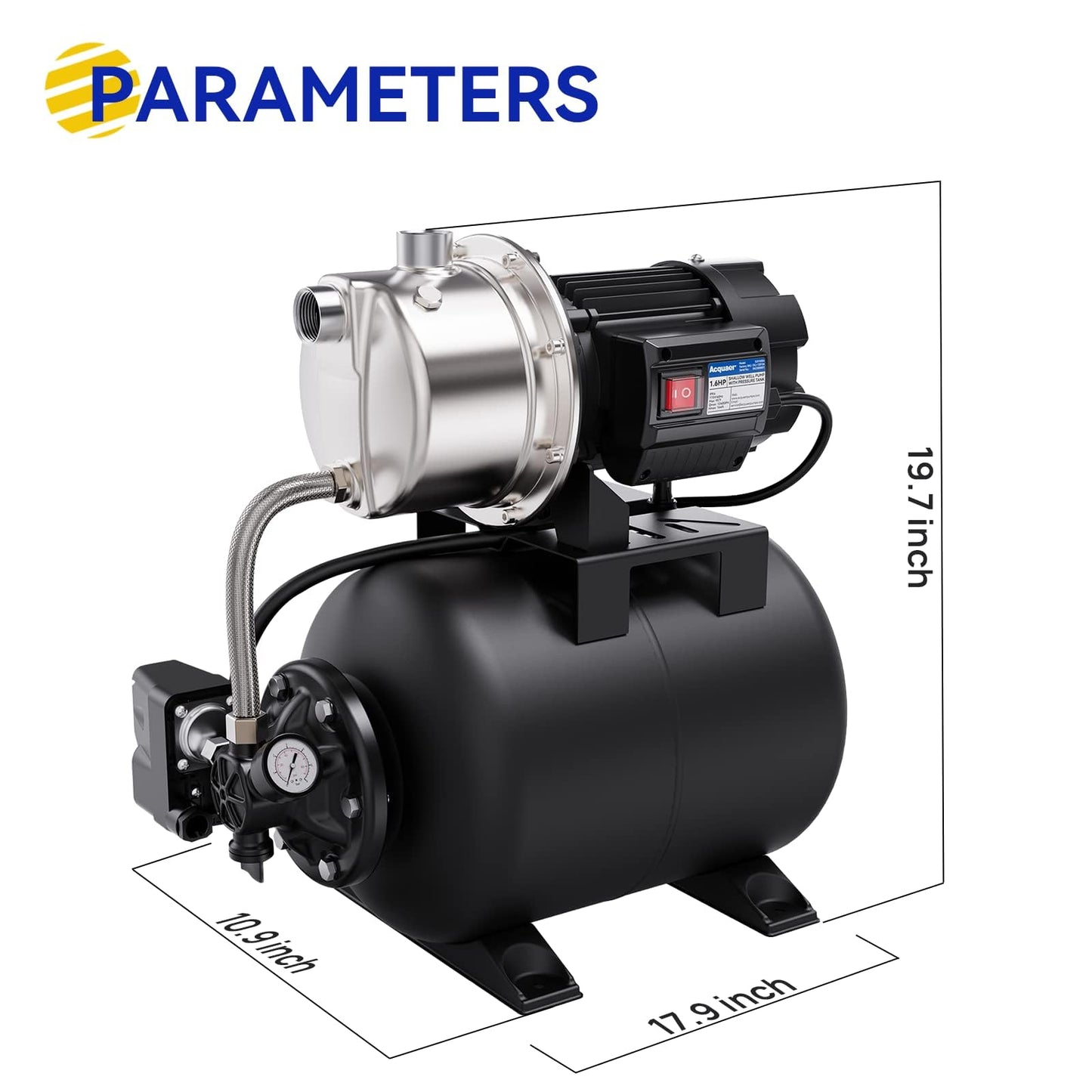 Acquaer 115V Shallow Well Garden Pump, Stainless Steel, Automatic Water Booster Jet Pump 1320 GPH, for Irrigation, Home, Garden, Lawn,1.6 HP with Pressure Tank