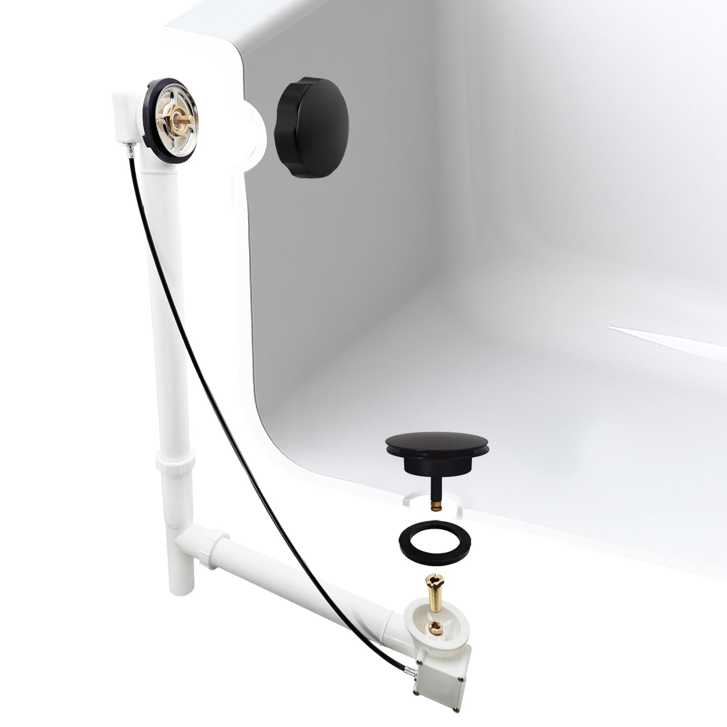 Westbrass A50P35TLE-62 35" Cable Drive Bath Drain Trim Kit with Rotary Overflow Cover Knob, European Stopper and Poly Tubular Pipes, Matte Black