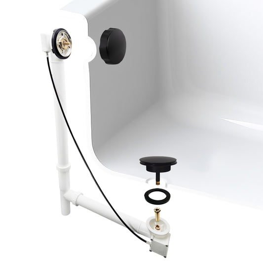 Westbrass A50P35TLE-62 35" Cable Drive Bath Drain Trim Kit with Rotary Overflow Cover Knob, European Stopper and Poly Tubular Pipes, Matte Black