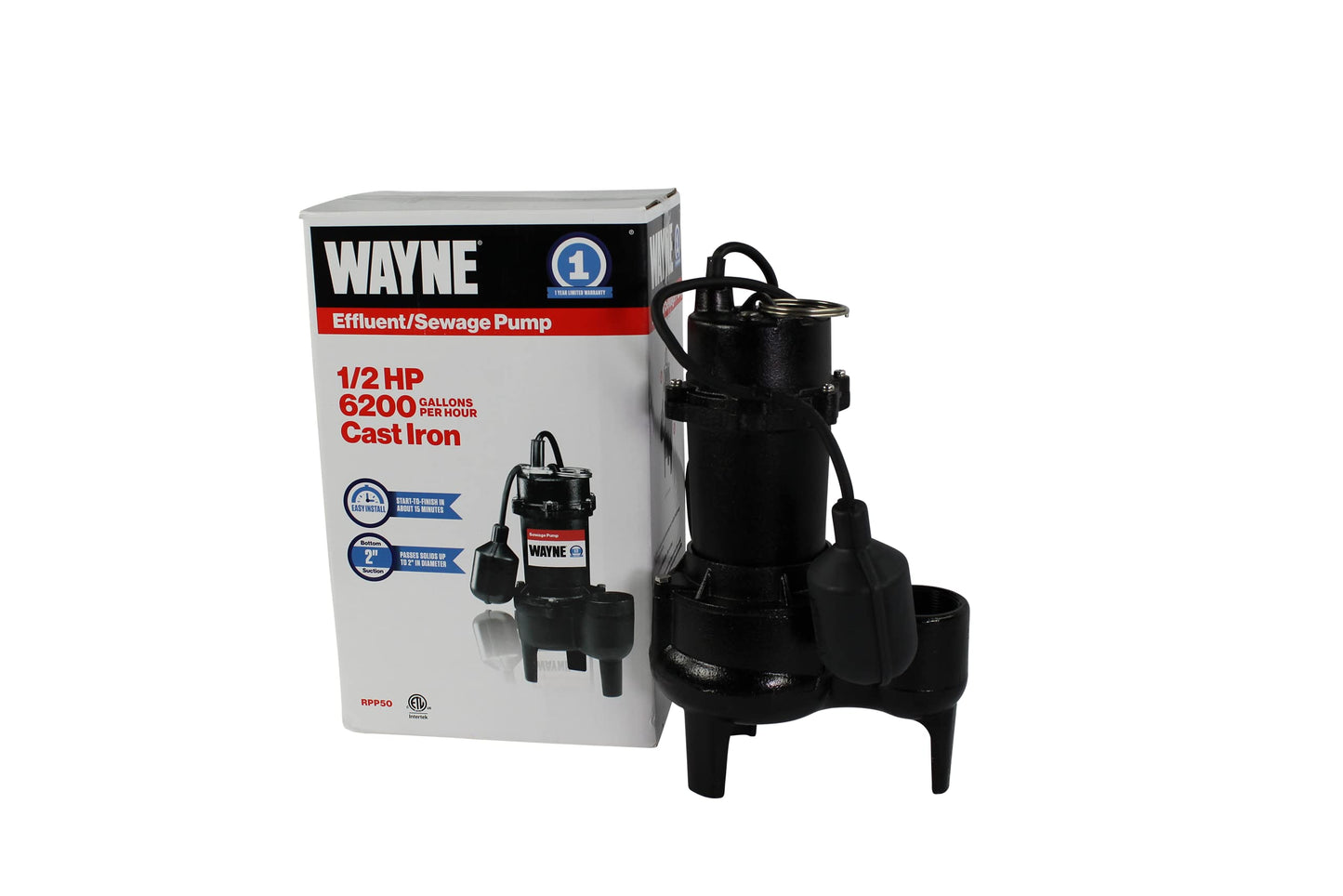 WAYNE RPP50-1/2 HP Cast Iron Sewage Pump with Piggy Back Tether Float Switch - Up to 6,200 Gallons Per Hour - Heavy Duty Sewage and Effluent Pump