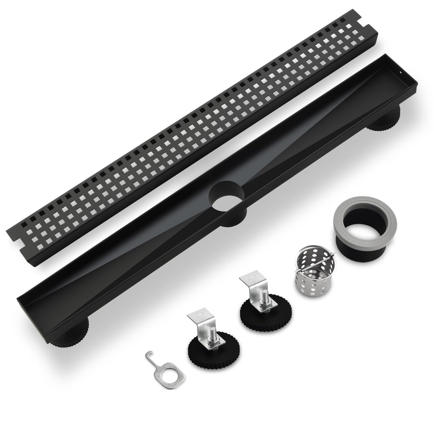 48 Inch Linear Shower Drain - Matte Black 304 Stainless Steel Rectangular Floor Drain with Adjustable Leveling Feet, Hair Strainer and Removable Grate