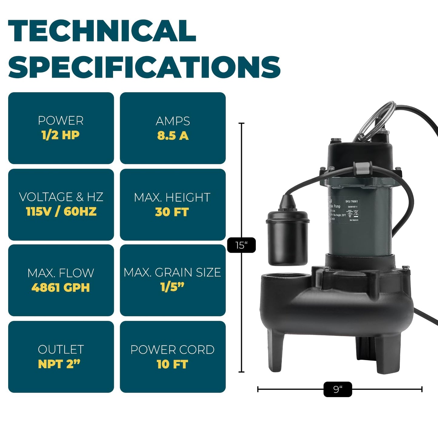 XtremepowerUS 1/2HP, 4860 GPH Larger-Flow Cast Iron Submersible Sump Sewage Pump with Tethered Float Switch, 10 ft. Cord Water Drain