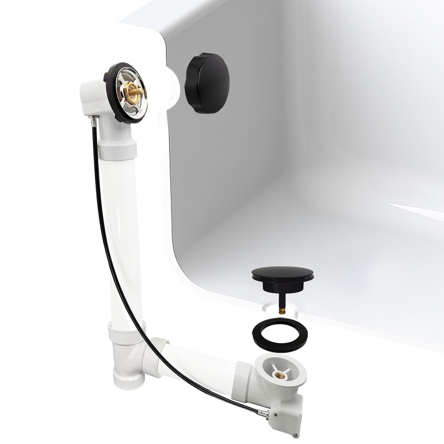 Westbrass A50P27-62 27" SCH. 40 PVC Cable Driven Bath Drain Trim Kit with Rotary Overflow Cover Knob and Pop-Up Stopper, Matte Black