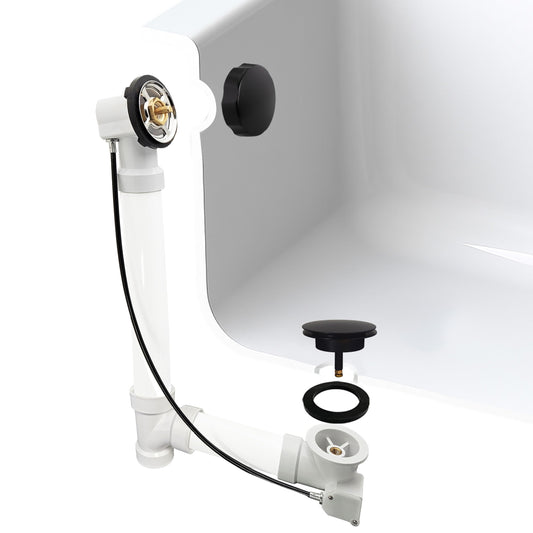 Westbrass A50P27-62 27" SCH. 40 PVC Cable Driven Bath Drain Trim Kit with Rotary Overflow Cover Knob and Pop-Up Stopper, Matte Black