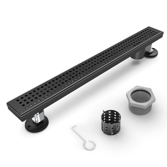 HTOH Shower Drain Offset Outlet for Bathroom: 48-Inch Black Linear Shower Drain with Removable Grate - Modern 304 Stainless Steel Shower Floor Drain Side Outlet with Hair Catcher, Adjustable Feet