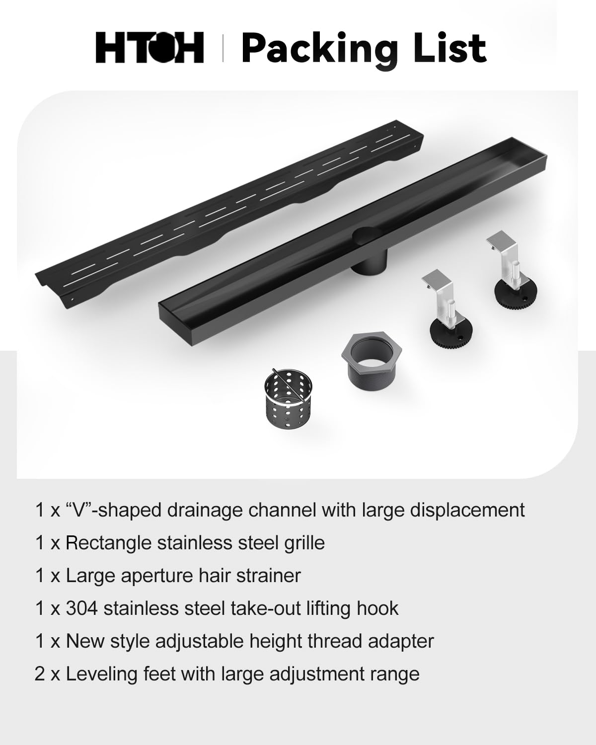 Shower Drain Stainless Steel for Bathroom: Black Linear Shower Drain 48 Inch with Removable Brick Pattern Grate - Adjustable Rectangular Shower Floor Drain with Hair Strainer (Matte Black)