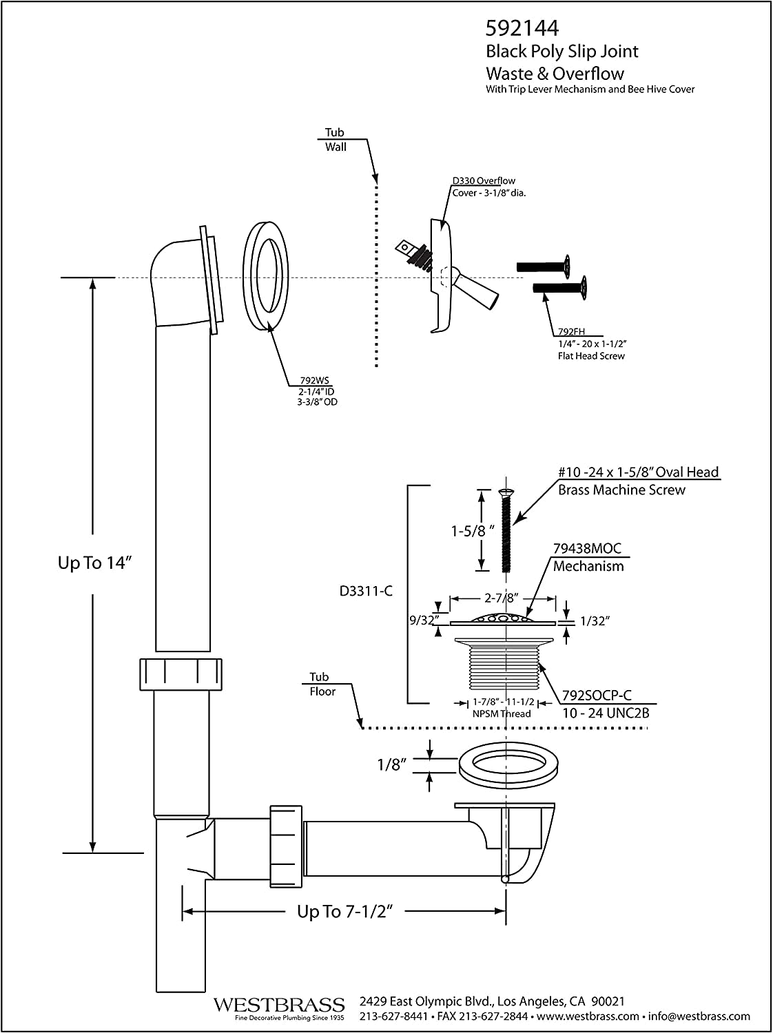 Westbrass Y592144-4-07 1-1/2" x 14" Black Tubular Bath Waste & Overflow Assembly with Trip Lever and Beehive Strainer Grid Drain, Satin Nickel (4-Pack)