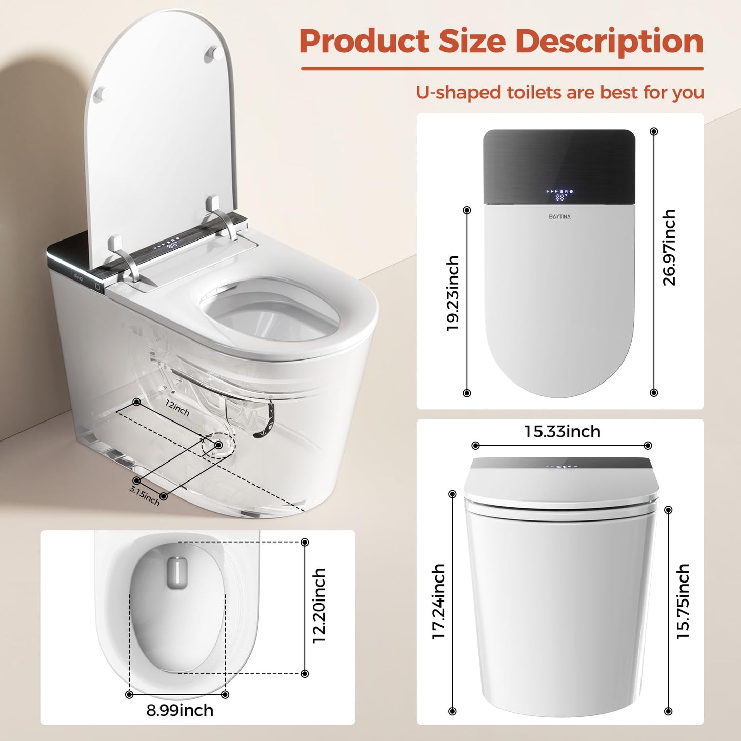 Smart Toilet with Bidet Built in, Japanese Bidet Toilet, for Bathroom, Modern Elongated Toilet with Heated Toilet Seat, Bidet Warm Water, Dryer, Auto Open/Close Lid, Automatic Toilet Flushing