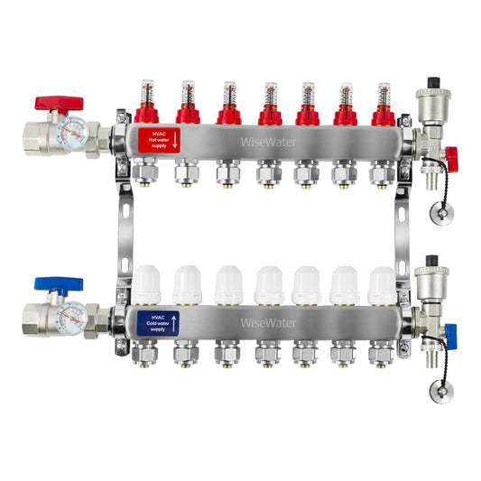 AB 7 Loop PEX/Radiant Manifold, PEX Tubing Radiant Heat Manifolds with 1/2'' Compatible Outlets, for Hydronic Radiant Floor Heating (1/2'' Adapters Included)