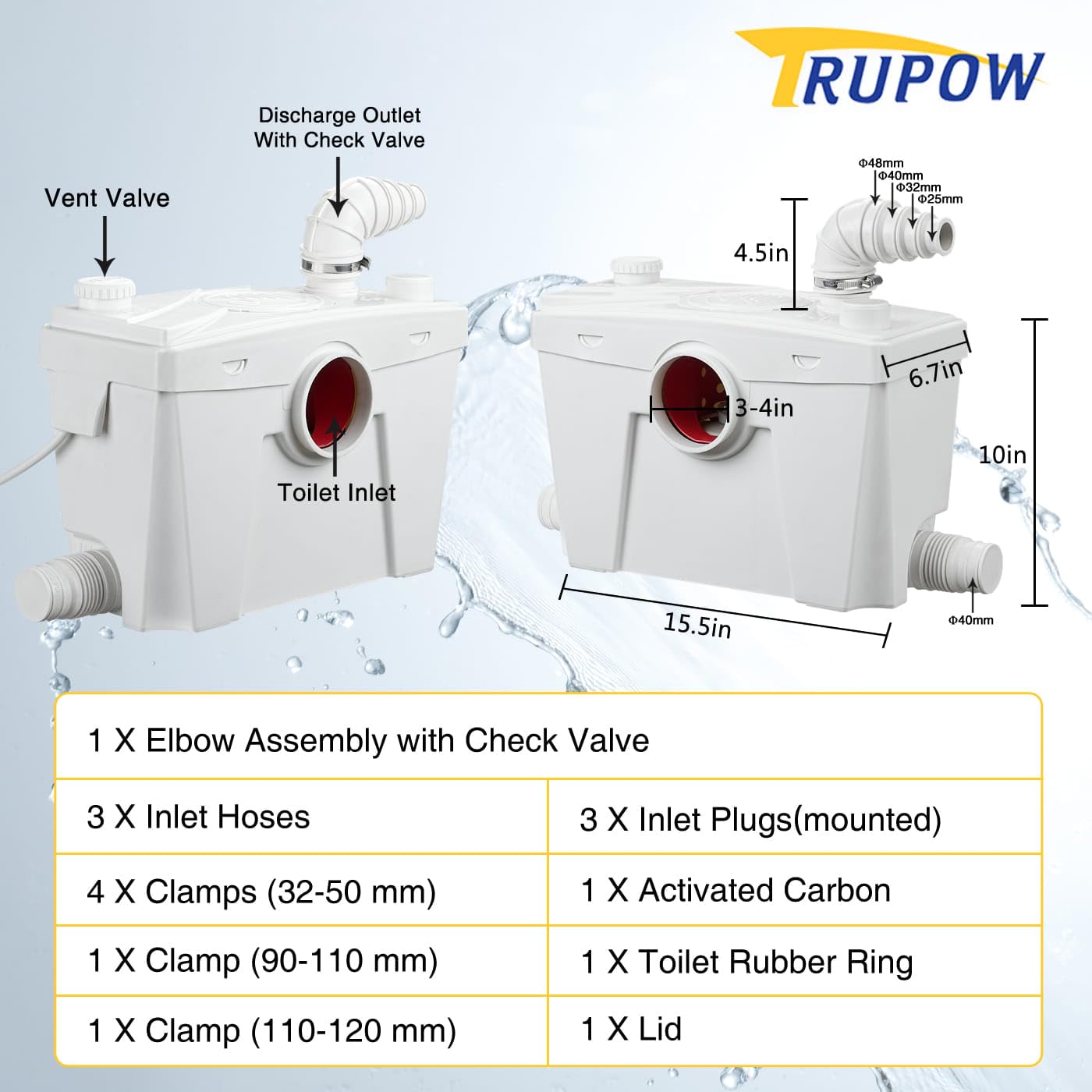 Trupow 500W 110V Macerator Sewerage Pump with 4 Water Inlets for Upflush Toilet System Waste Water Marine Toilet Bathroom Disposal Laundry