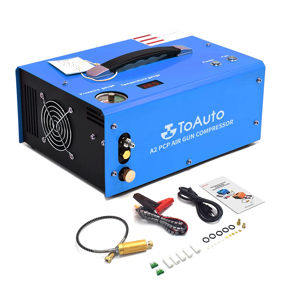 TOAUTO A2 PCP Air Compressor, Auto-Stop, Portable 4500Psi/30Mpa, Oil/Water-Free, 8MM Quick-Connector HPA Compressor for Paintball/PCP Air Rifle/Scuba Tank, Powered by Home 110V AC or 12V Car DC（Blue）