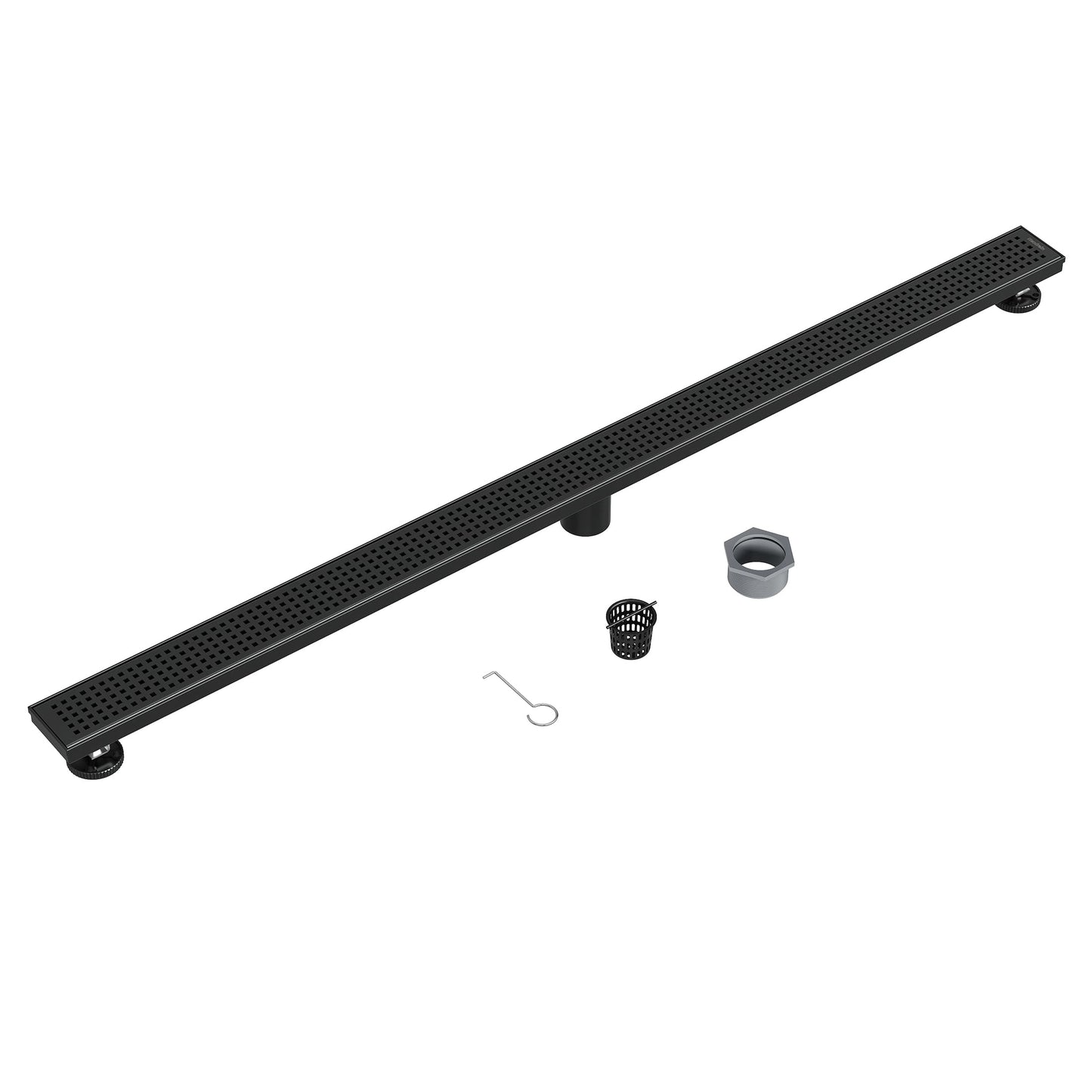 Neodrain 48-Inch Black Linear Shower Drain with Removable Quadrato Pattern Grate, heavy duty 304 Stainless Steel Rectangle Shower Floor Drain, linear drain with Leveling Feet,Hair Strainer,Matte Black