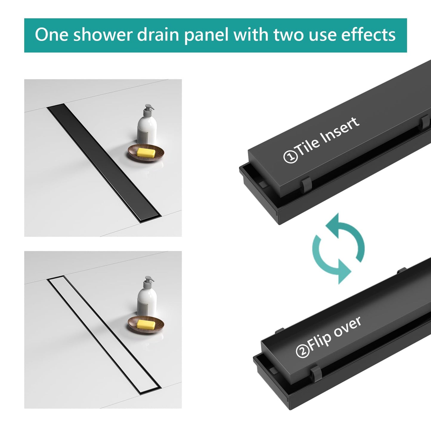 BARONAGE 48 Inch Linear Shower Drain, Rectangle Shower Floor Drain with 2-in-1 Flat & Tile Insert Cover, 304 Stainless Steel Bathroom Drains with Hair Catcher and Leveling Feet (Matte Black)