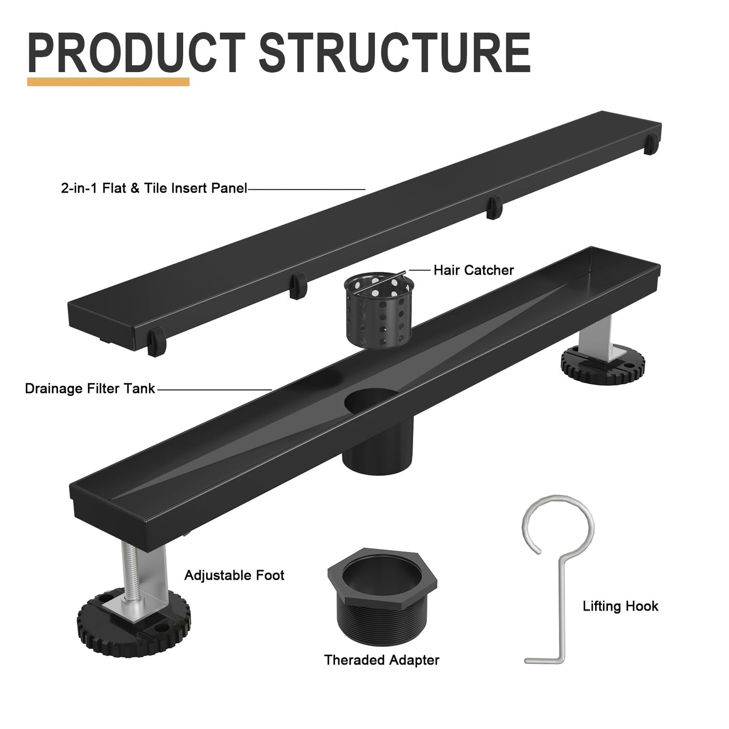 EBYTE Linear Shower Drain, 48 Inch Matte Black 304 Stainless Steel Shower Drain with Tile Insert Panels, Long Rectangle Shower Floor Drain with Adjustable Feet, Hair Catcher, Fits Bathroom, Balcony