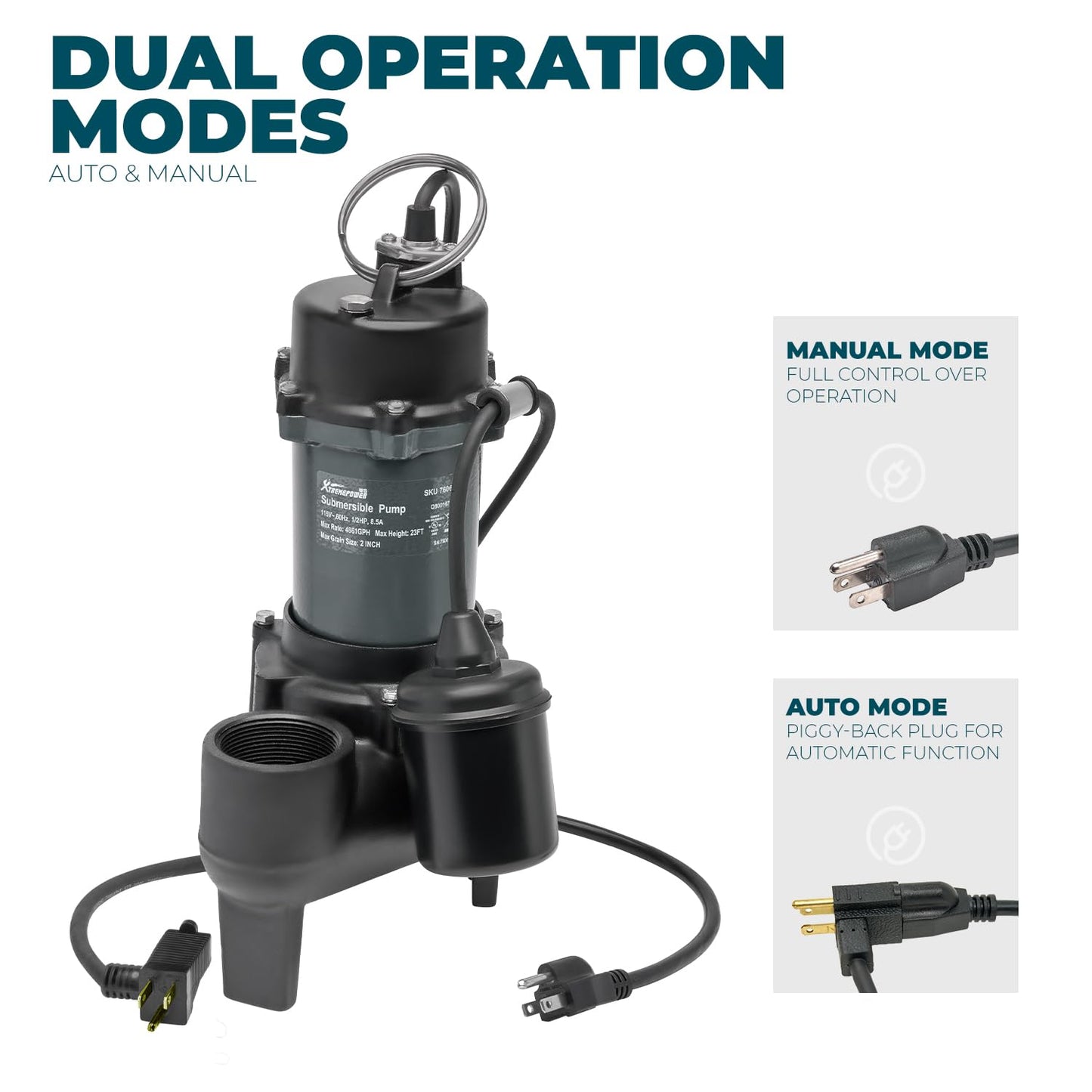 XtremepowerUS 1/2HP, 4860 GPH Larger-Flow Cast Iron Submersible Sump Sewage Pump with Tethered Float Switch, 10 ft. Cord Water Drain