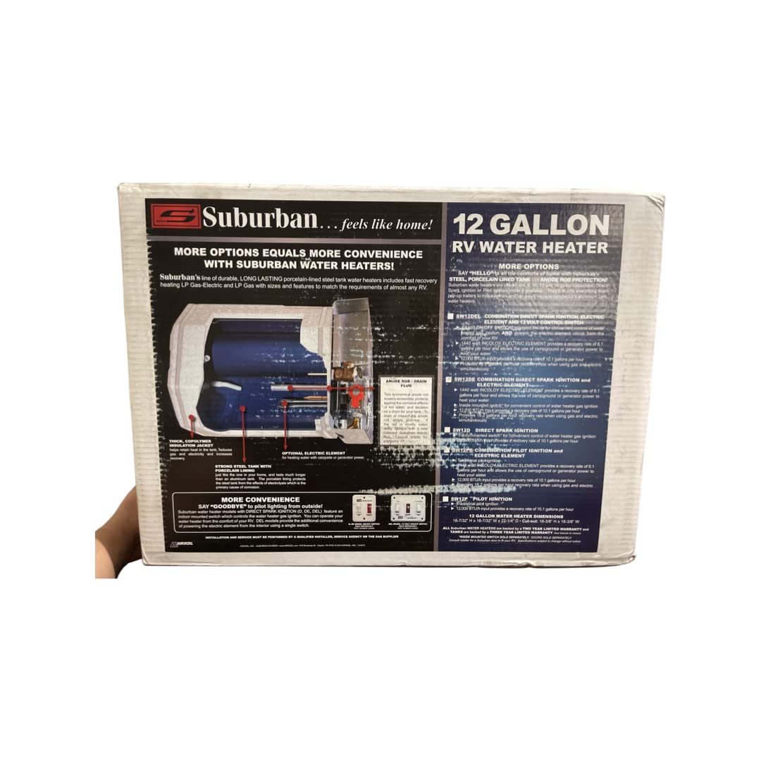 Suburban Advantage RV Tank Water Heater SW12DE - 12 gallon Porcelain Lined Steel Tank with Direct Spark Ignition (DSI) and Incoloy Electric Element (5247A)