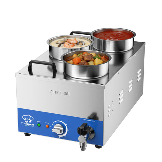 TOPKITCH ETL Listed Commercial 12L Soup Warmer with 3×4L Pot，Drain,Seamless One-piece Tank,86-185℉ Adjustable Thermostat,TempLimiter-120V/1200W Commercial Bain Marie Electric Food Warmer