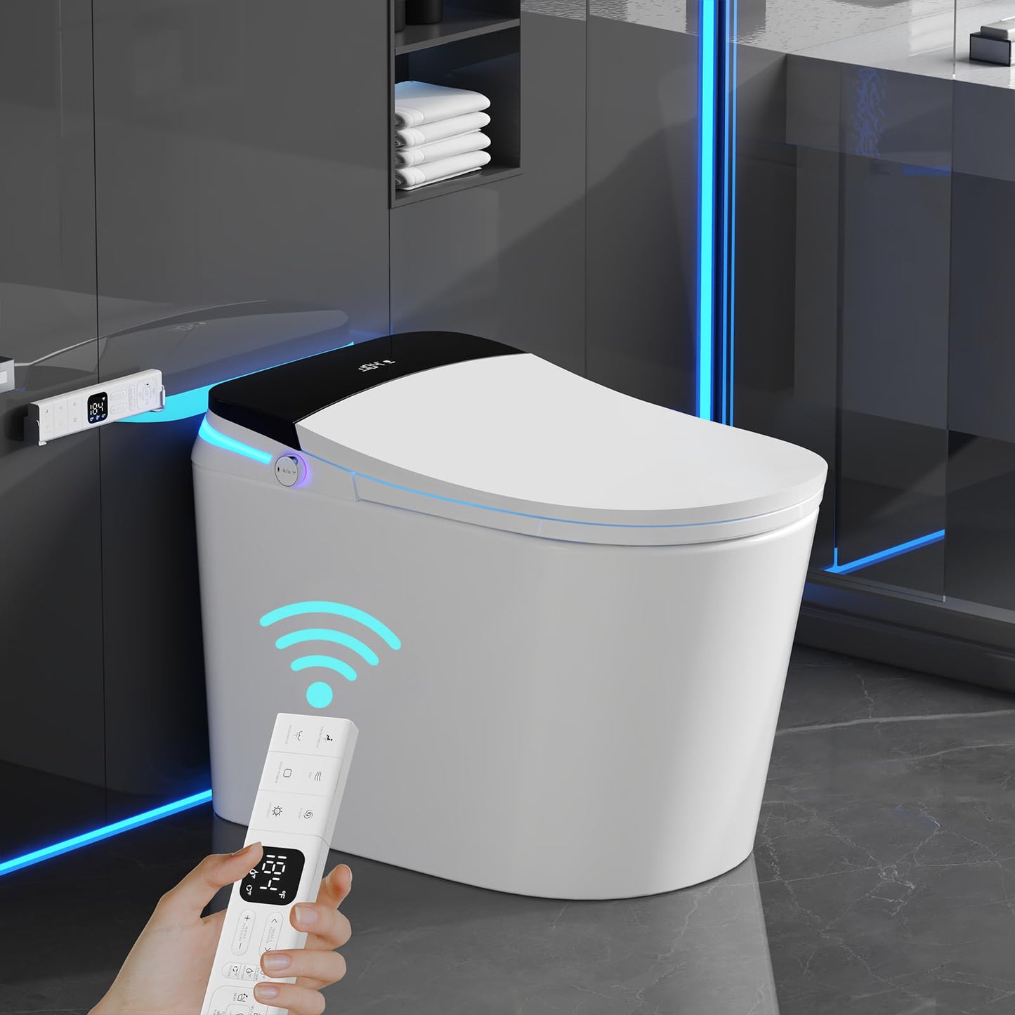 Smart Toilet with Bidet Built in, 360° Siphon Auto Flush & Automatic Lid, One Piece Toilet for Bathrooms with LED Display, Heated Seat, Warm Water, Dryer, Foam Shield, Night Light, 12" Rough-in