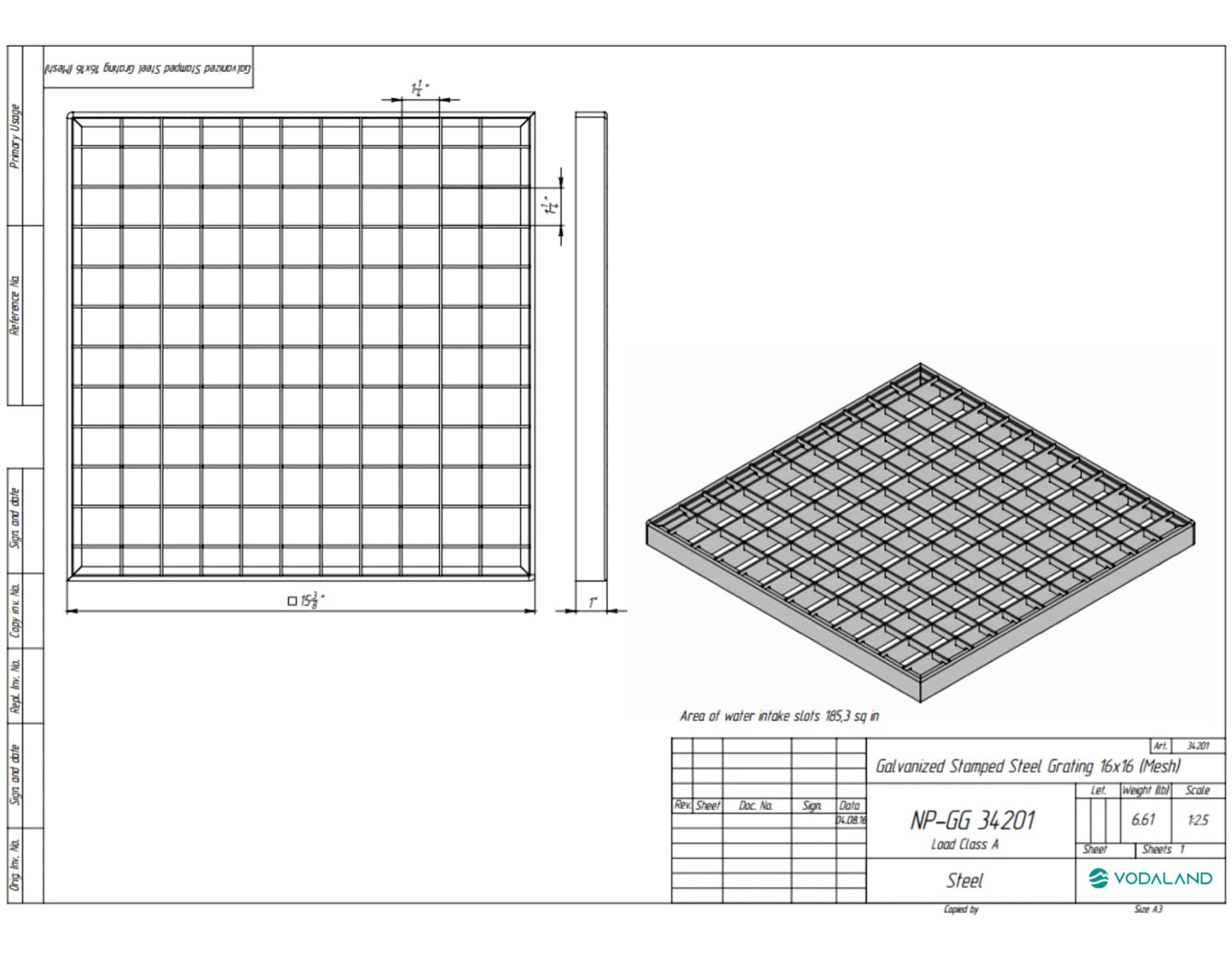 Vodaland - 16x16 Inch Catch Basin. PPE Plastic with Galvanized Stamped Steel Grate and Sediment Basket Included.