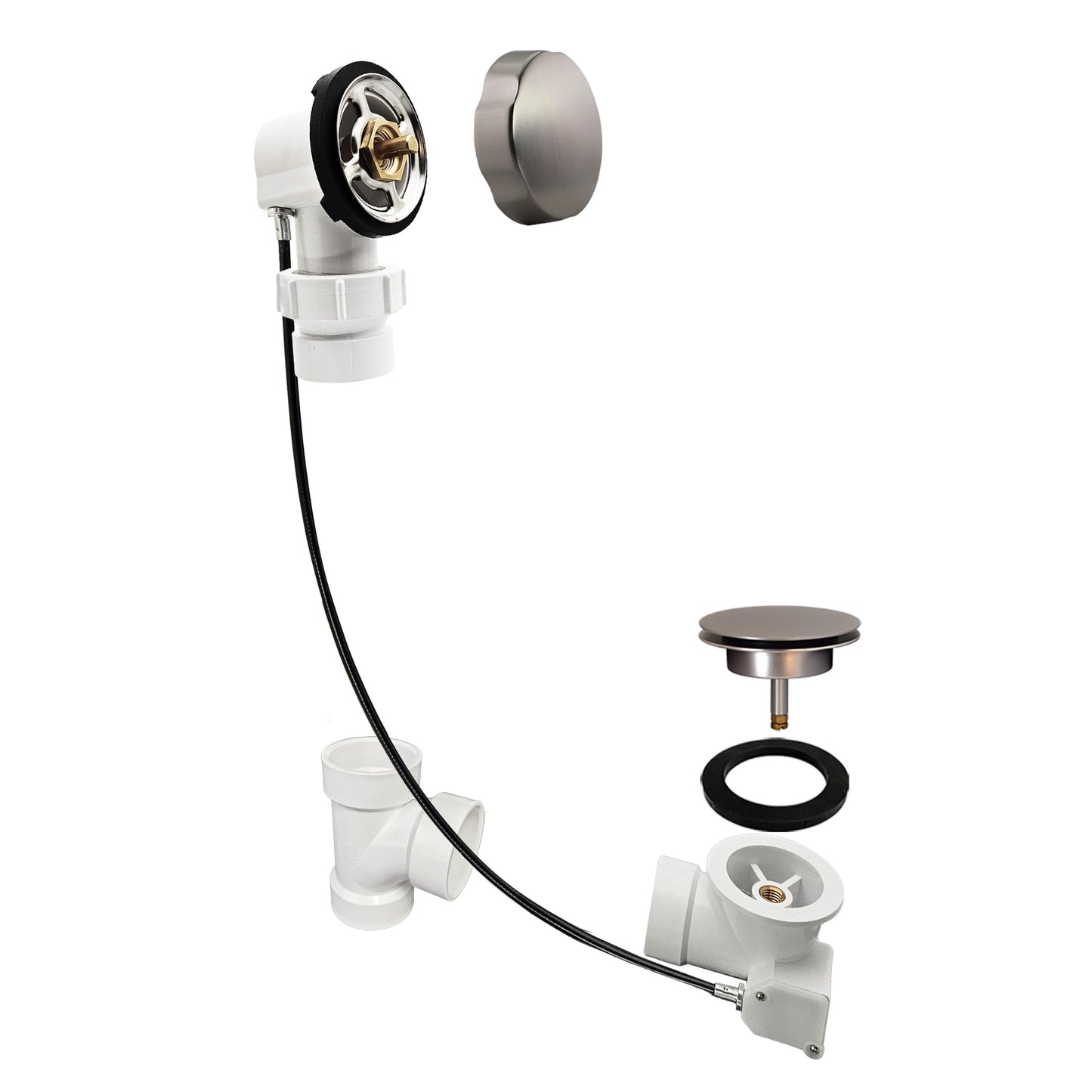 Westbrass Sch. 40 PVC 27 in. Cable Drive Bath Waste - Ball Joint Head, Satin Nickel, D50P27BJ-07