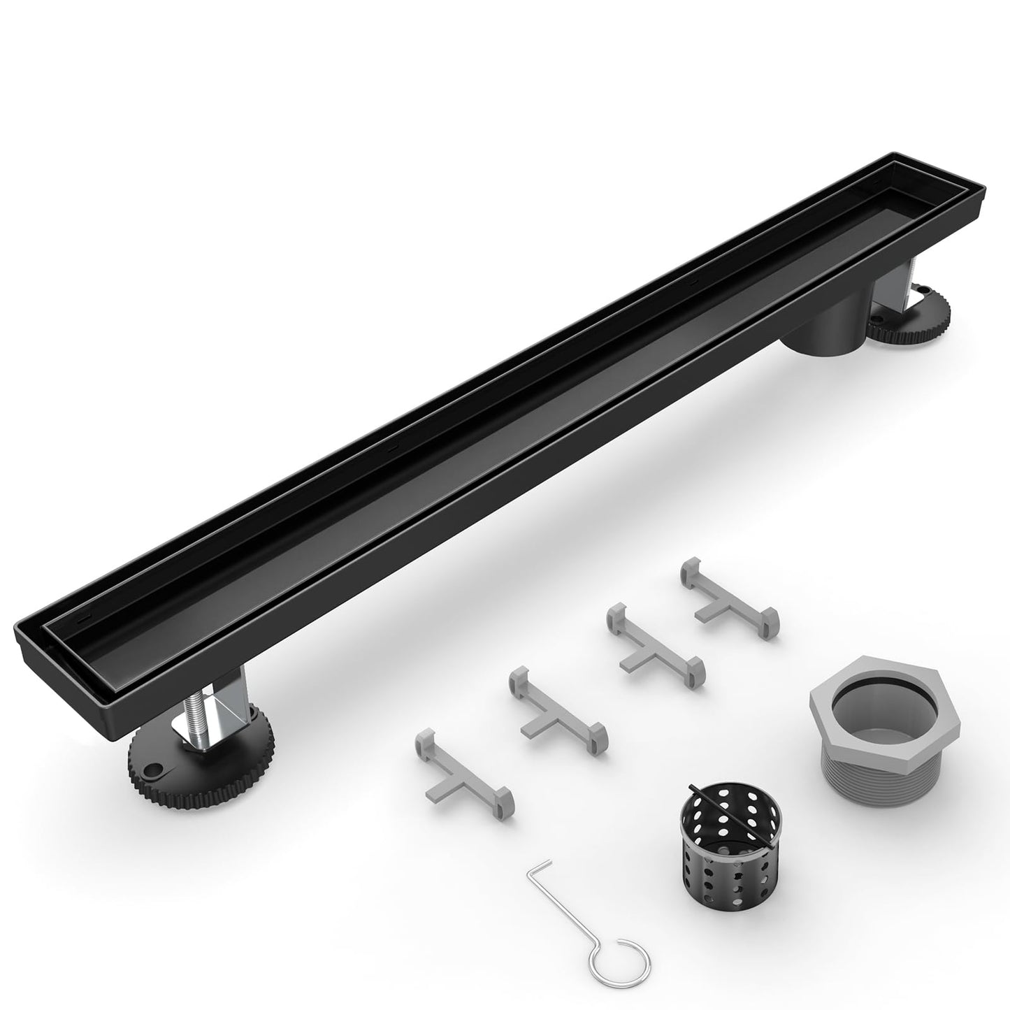 HTOH Shower Drain Offset Outlet for Bathroom: 48-Inch Black Linear Shower Drain with Removable Tile Insert Grate - 304 Stainless Steel Rectangular Shower Floor Drain Side Outlet with Hair Catcher