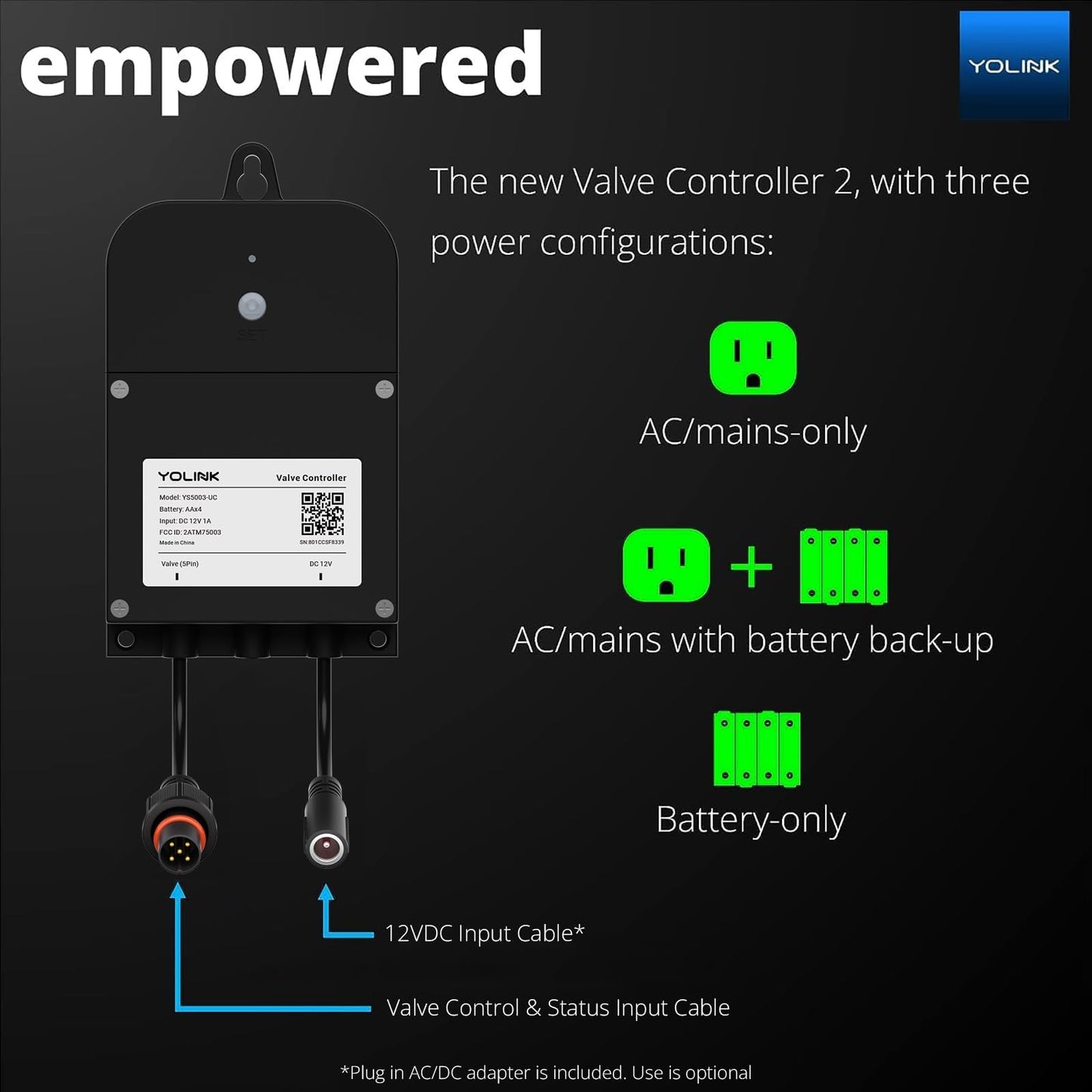 YoLink Wireless Smart Valve Control Kit, NSF Certified 1" Stainless Steel Motorized Valve, Wireless Controller 2, LoRa Long Range, D2D Offline with Leak Sensors, 2 Years Battery Backup