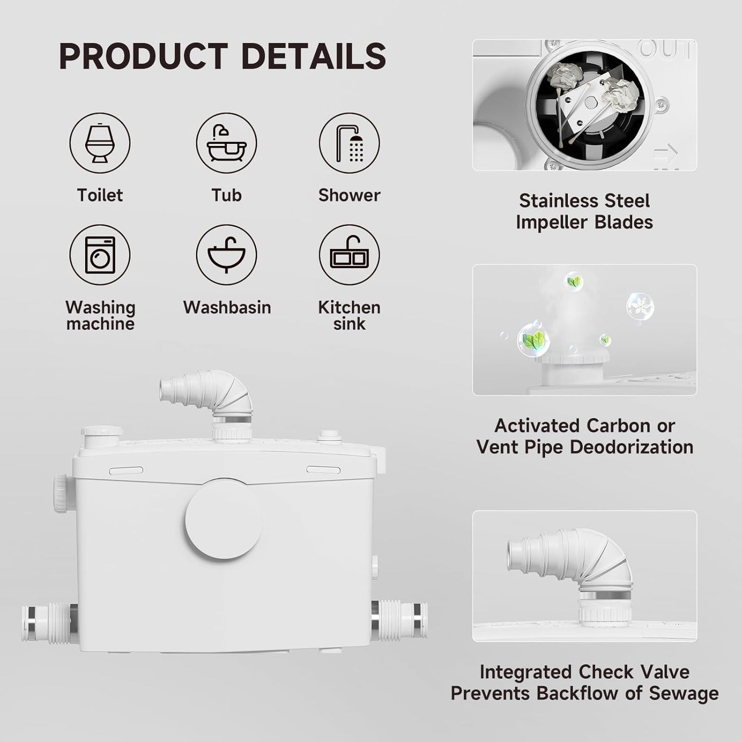 800 Watt Macerator Pump for Basement Macerating System, Upflush Sewerage Sump with 4 Water Inlets, 2 Outlets for Toilet, Kitchen, Sink, Shower, Bathtub Waste Water Disposal Pump