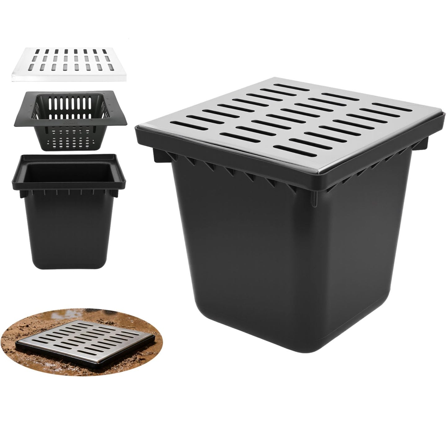 tonchean Catch Basin with Stainless Steel Grate, 18x18x15 in. Large Drainage Basin with Debris Basket, French Drain Without Reserved Hole for Yard, Downspout, Lawn, Municipal Pipeline