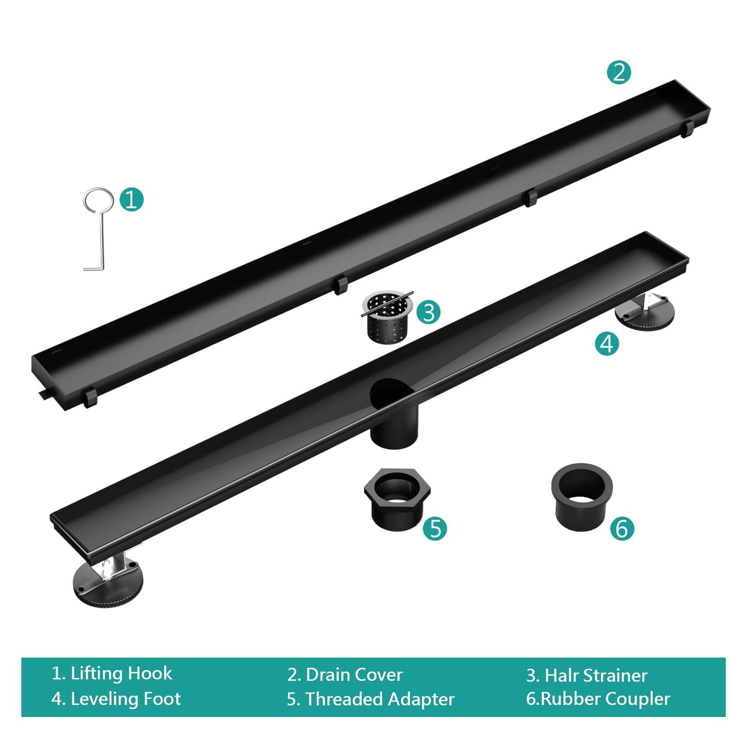 BARONAGE 48 Inch Linear Shower Drain, Rectangle Shower Floor Drain with 2-in-1 Flat & Tile Insert Cover, 304 Stainless Steel Bathroom Drains with Hair Catcher and Leveling Feet (Matte Black)