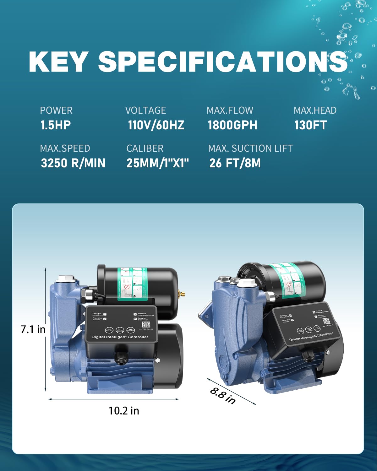 MENIIO 1.5HP Water Pressure Booster Pump, 110V Stainless Steel Automatic Booster Pump with Digital Pressure Display, 1800GPH High Flow, 130FT Max Head for Home, Garden & Irrigation