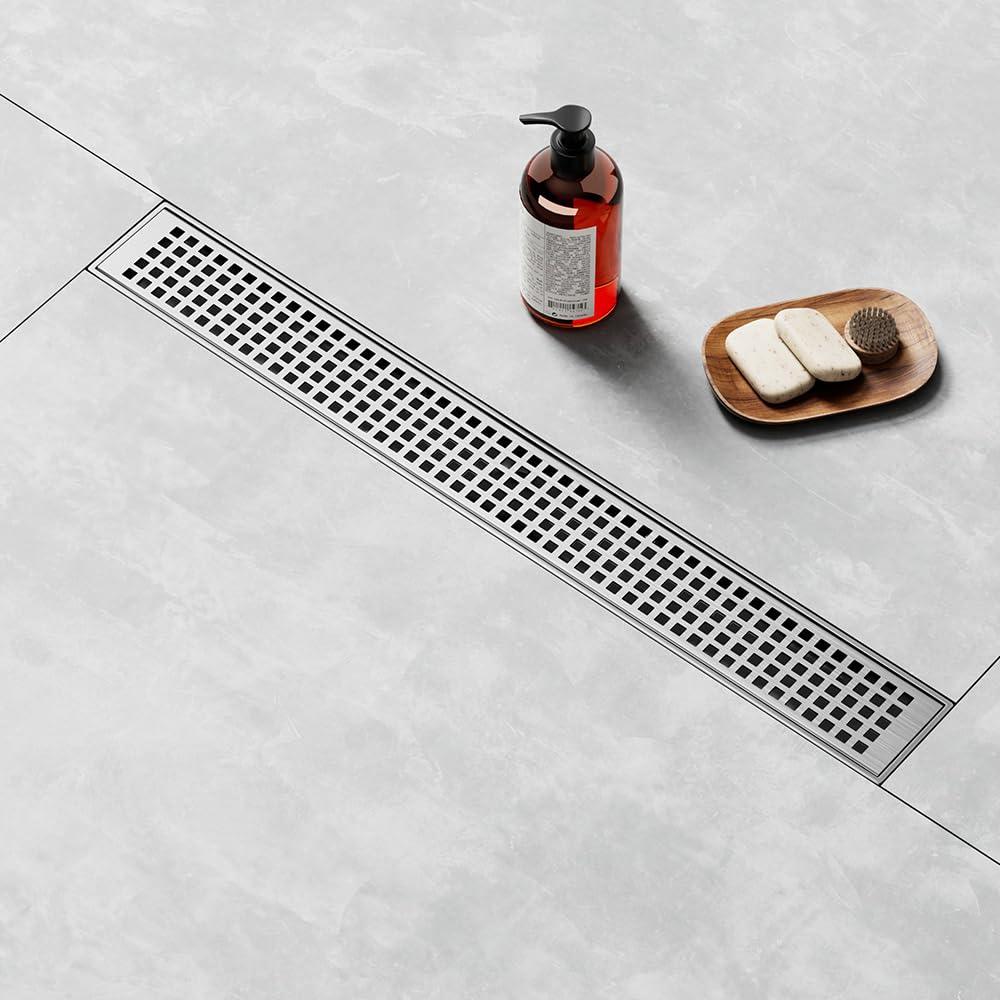 LISEEGO Linear Shower Drain 60 Inch, Brushed AISI 304 Stainless Steel Shower Drain with Square Hole Panel, for Bathroom, Kitchen, Garage & More