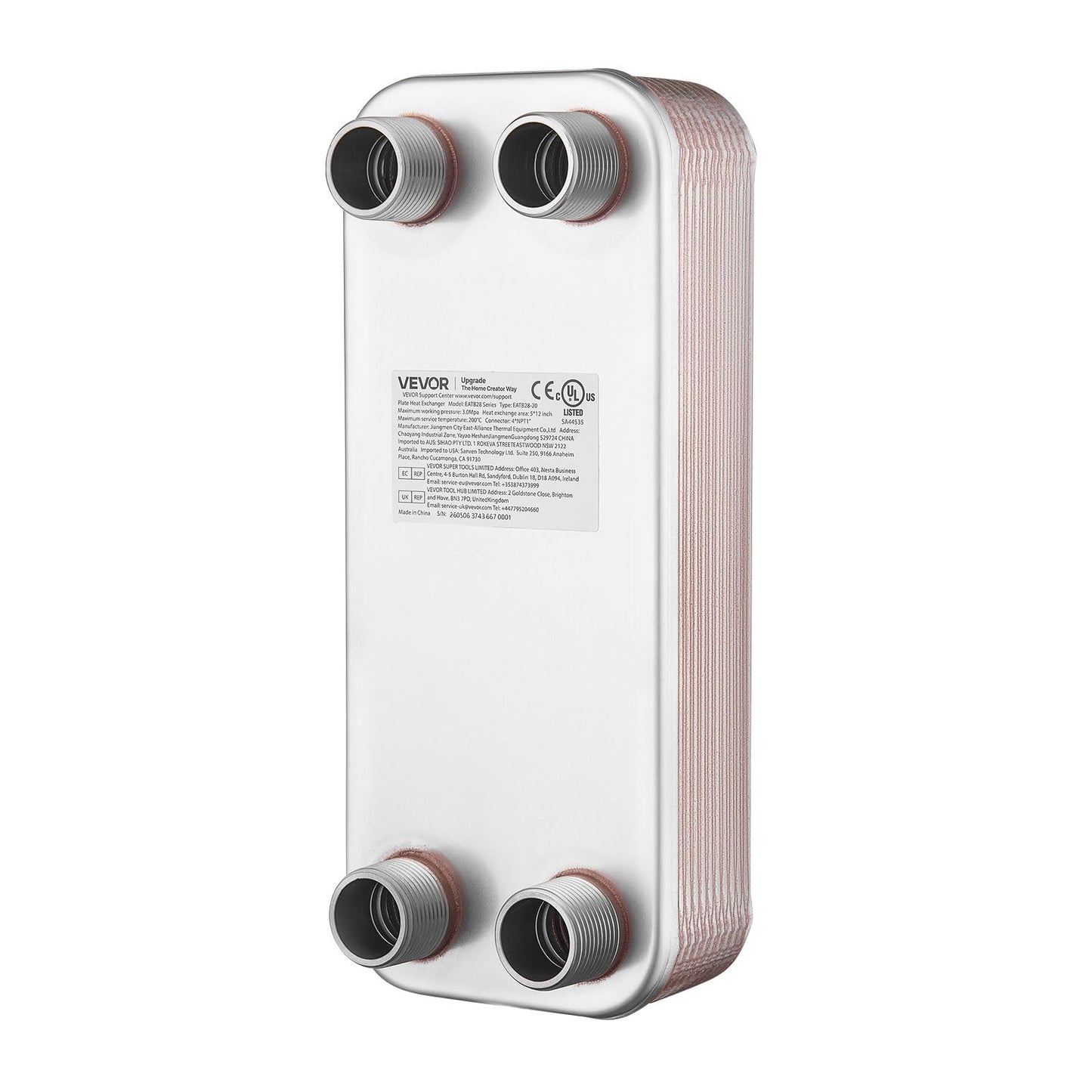 VEVOR Plate Heat Exchanger, 5 x 12 in Brazed Plate Water to Water Heat Exchanger with 20 Plates, Mounting Bracket, Sturdy Stainless Steel Construction, 170-330K BTU for Boiler, Radiant Floor Heating