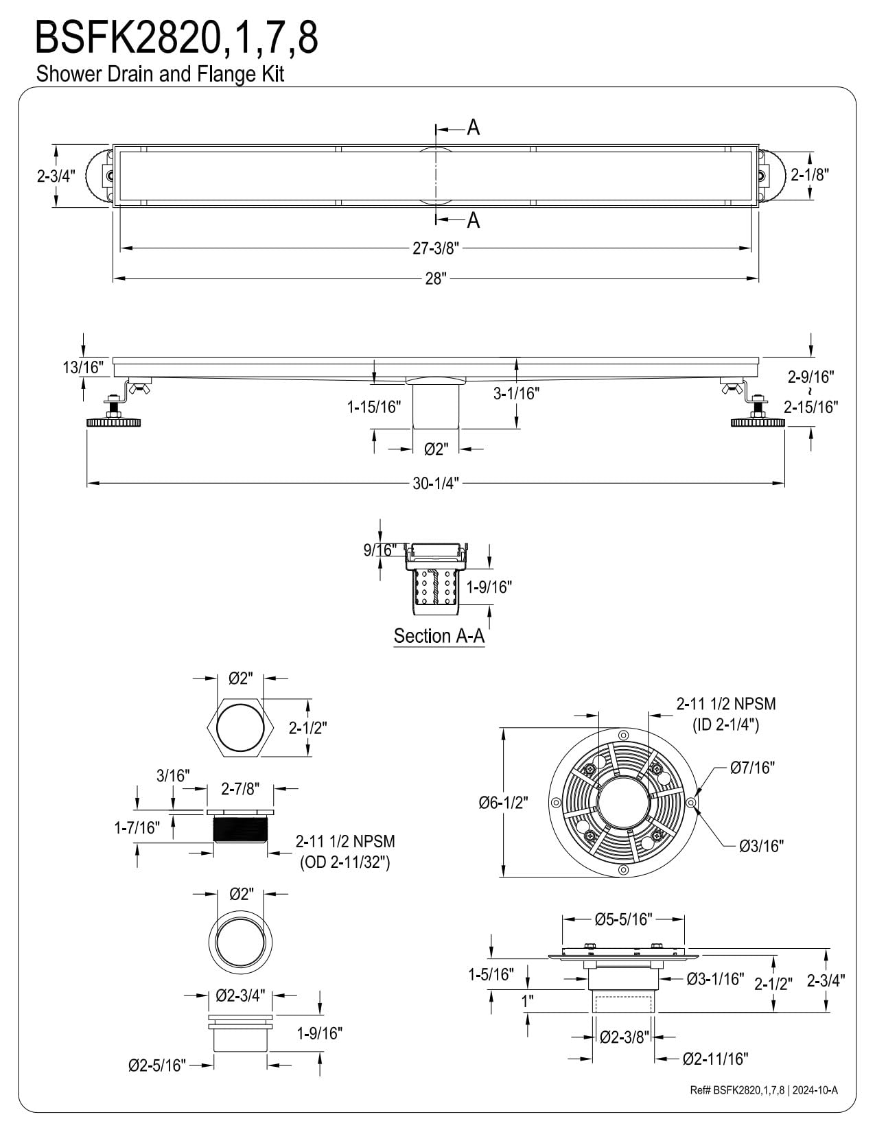 Kingston Brass BSFK2821 Watercourse 28" Stainless Steel Linear Shower Drain with Reversible Tile Insert and Flat Grate, Drain with Base Flange and Hair Strainer, Polished Chrome