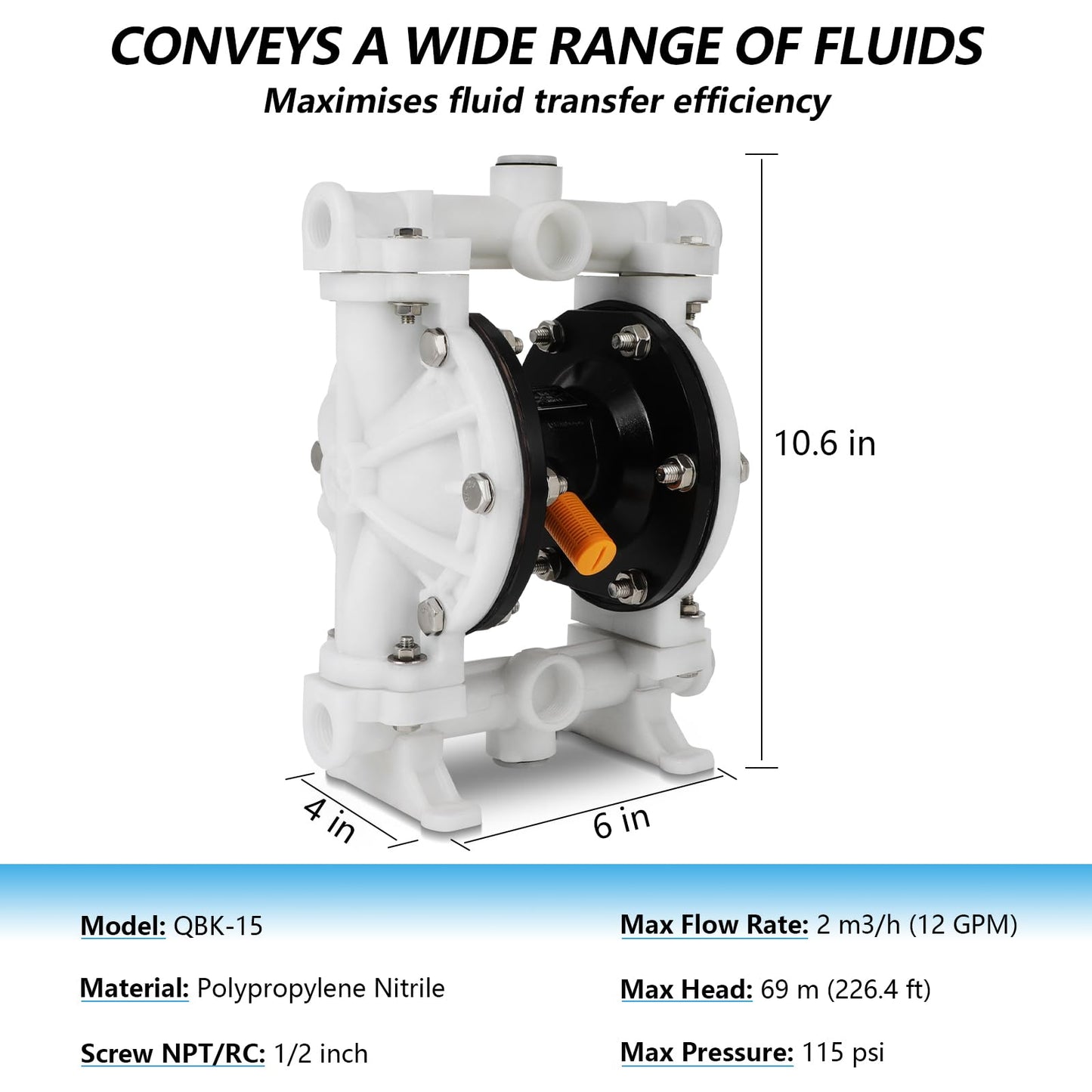 Air-Operated Double Diaphragm Pump, Pneumatic Waste Oil Transfer Pump for Chemicals, Polypropylene, Nitrile Rubber, and Stainless Steel (1/2 Inch Inlet)