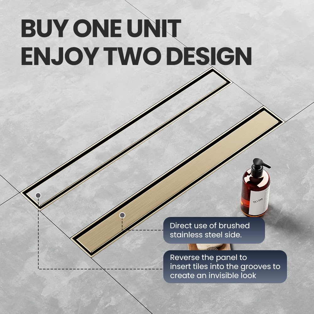 LISEEGO Linear Shower Drain 48 Inch Gold, Shower Drain with 2-in-1 Tile Insert Panel, Brushed AISI 304 Stainless Steel Linear Drain for Fast Drainage, Floor Drain for Bathroom, Kitchen, Garage & More