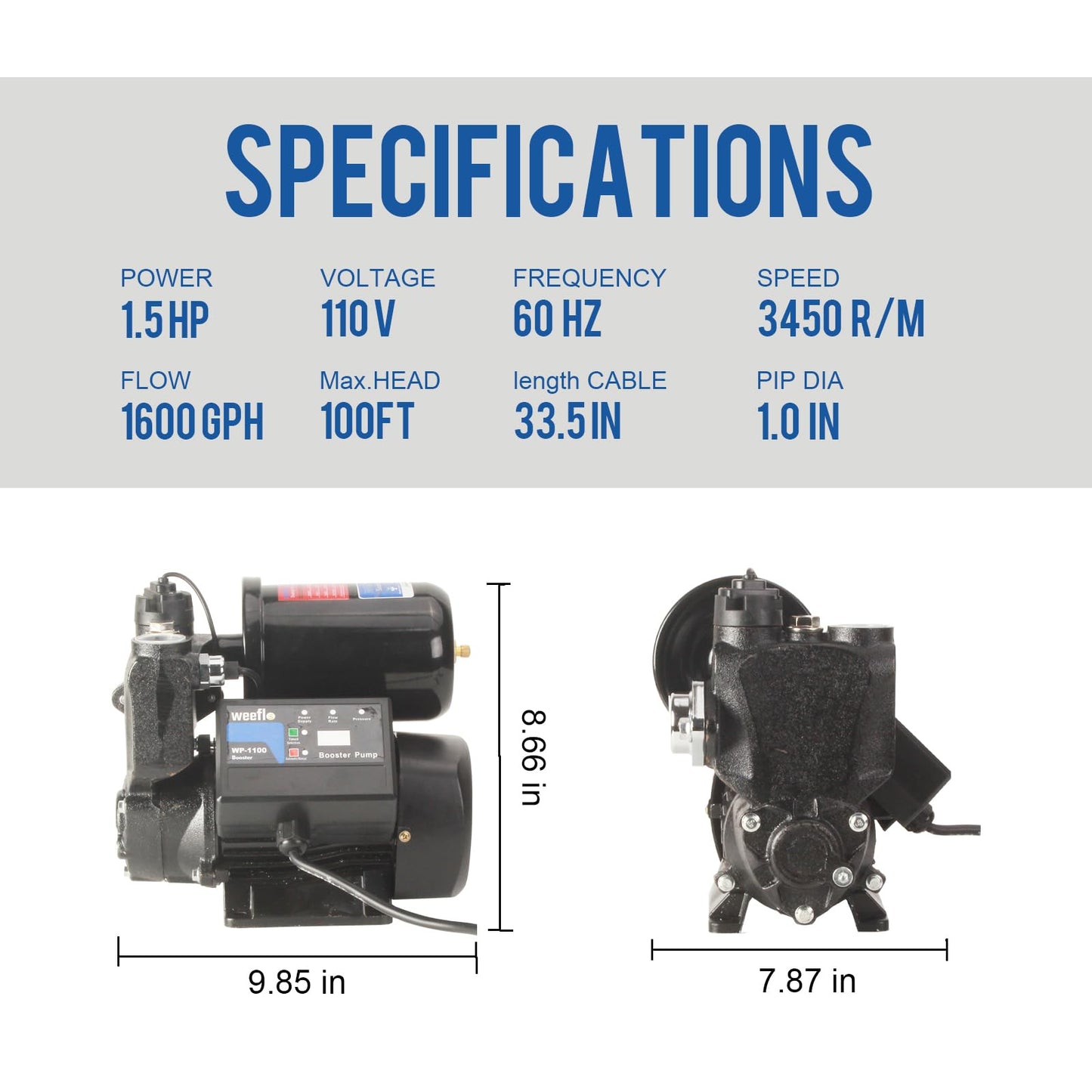Weeflos 1.5HP Automatic Booster Pump, 1600 GPH Water Pump, 100ft Max Head, Mechanical Pressure Switch, Self-Priming Utility Pump for Shower, Irrigation, Basement, Garden, Pool (1.5HP/100FT)
