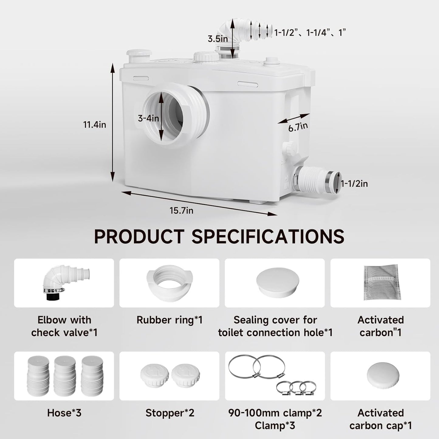 800 Watt Macerator Pump for Basement Macerating System, Upflush Sewerage Sump with 4 Water Inlets, 2 Outlets for Toilet, Kitchen, Sink, Shower, Bathtub Waste Water Disposal Pump