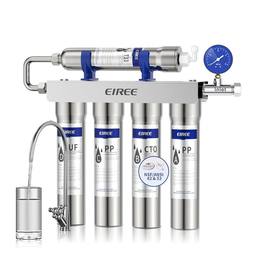 EIREE H502B Under‑Sink Ultrafiltration Water Filter – 0.01 µm Membrane, Removes 99.99% Heavy Metals, Chlorine & Odor, Stainless Steel Housing, USA Tech
