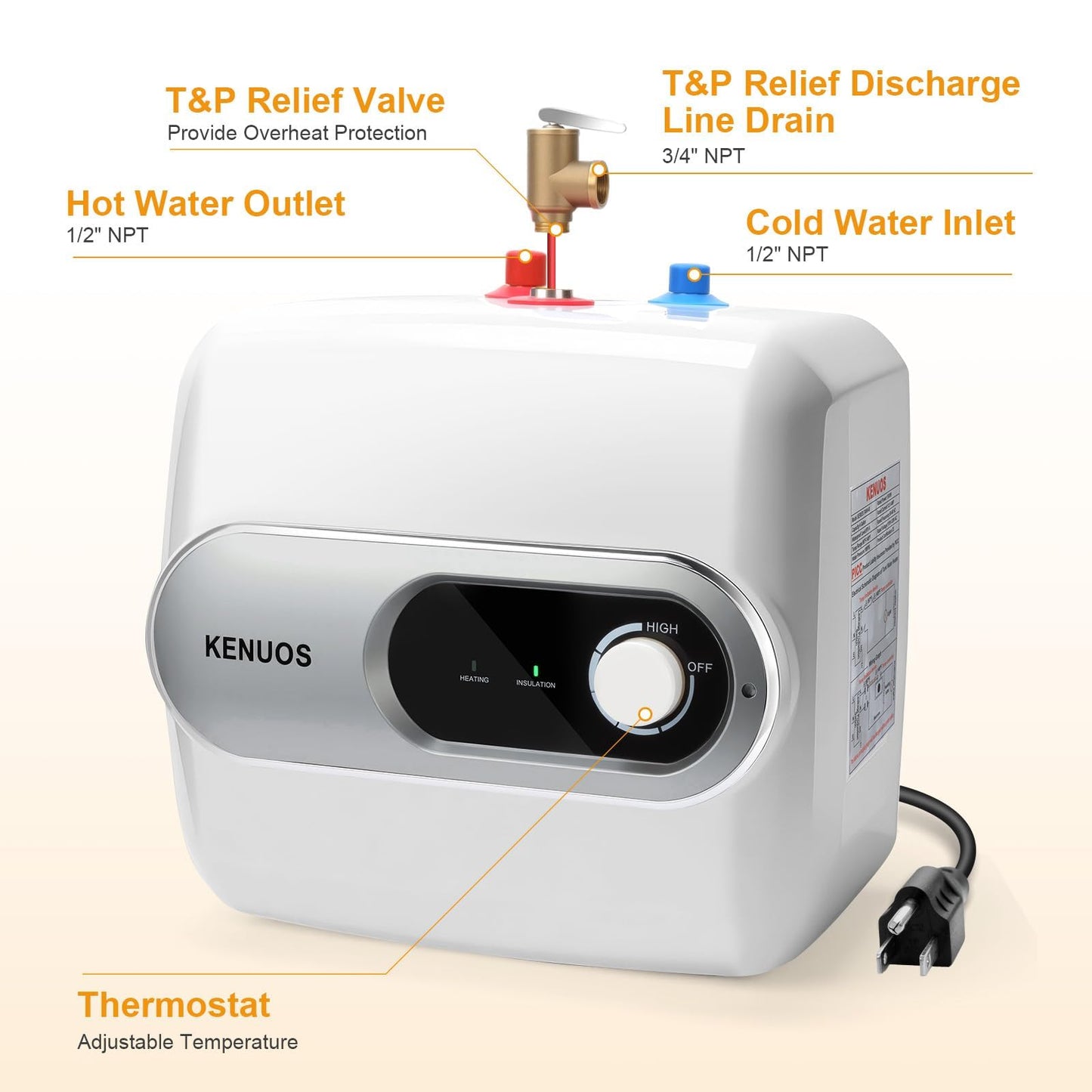 KENUOS 4 Gallon Water Heater Under Sink Instant Hot Water Heaters 1500W 110V 120V Mini Tank Water Heater with T&P Vavle 1/2" NPT for Kitchen,Bathroom,Camper,RV,Grey