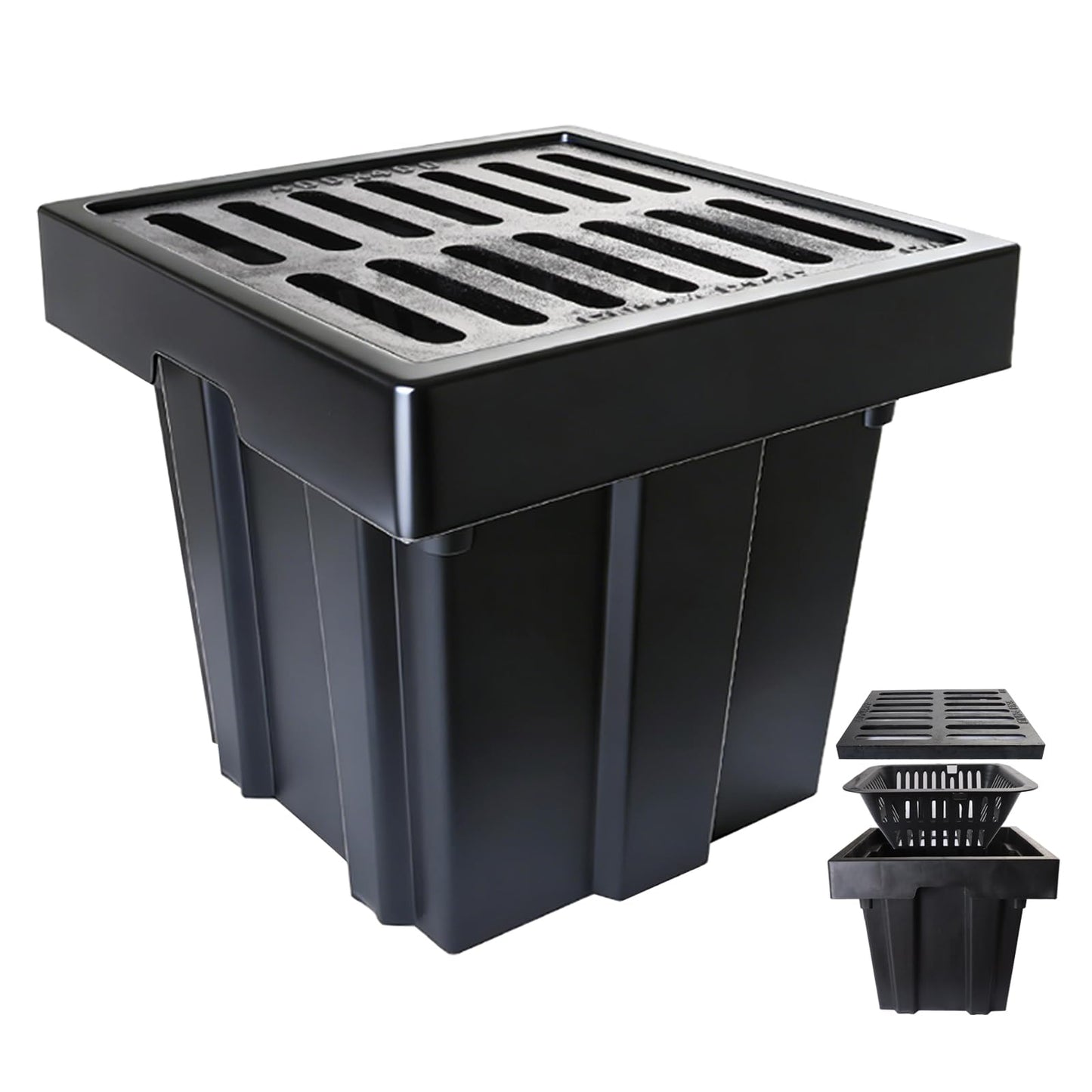 Catch Basin with Cast Iron Grate,18x18x15in Heavy Duty Catch Basin for Drainage with Debris Basket, Square French Drain Basin Without Reserved Hole for Driveway,Yard, Patio,Downspou, Lawn Commercial.