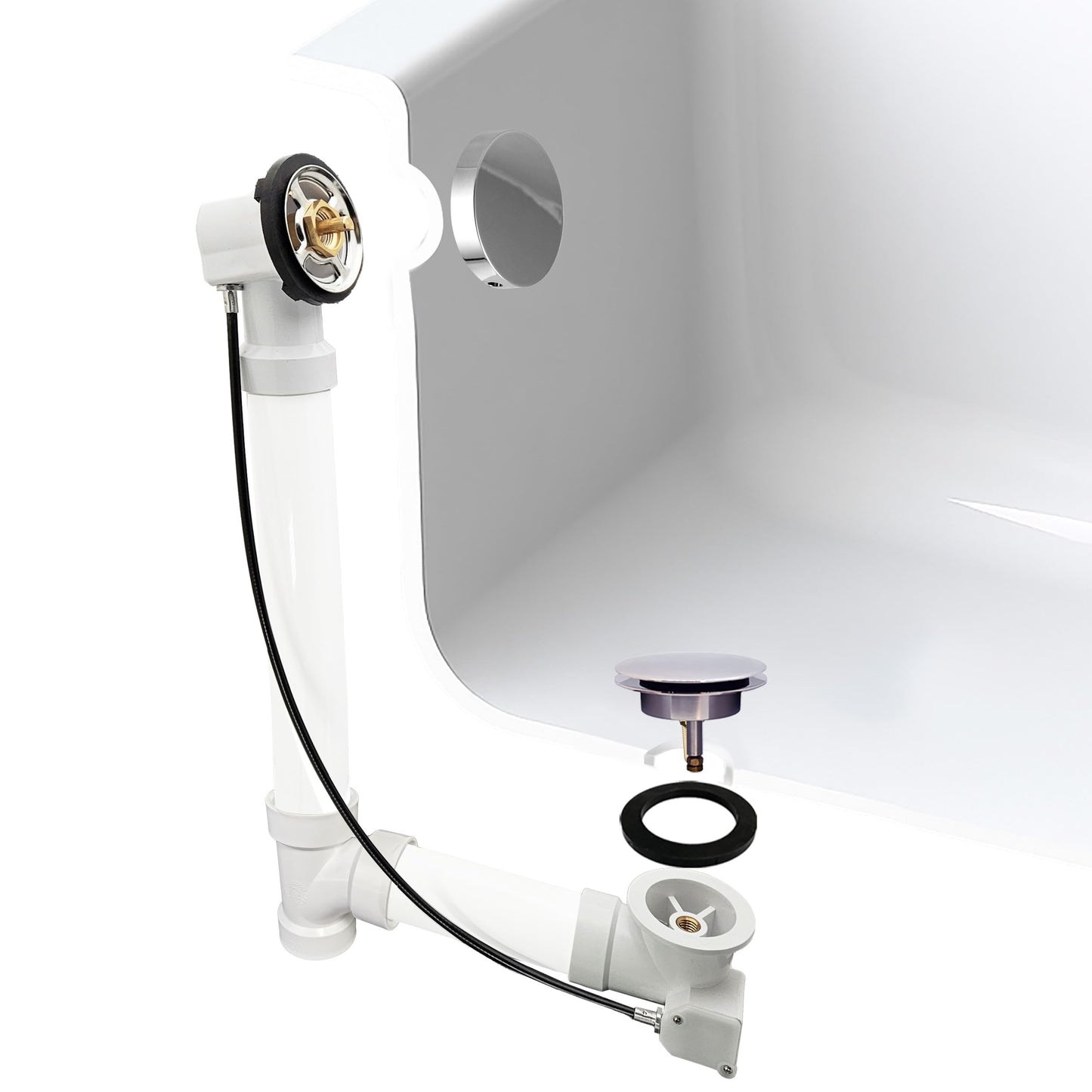 Westbrass A50P45SRE-26 45" Sch. 40 PVC Cable Driven Bath Drain Trim Kit with Rotary Overflow Cover Knob and Pop-Up Stopper, Polished Chrome