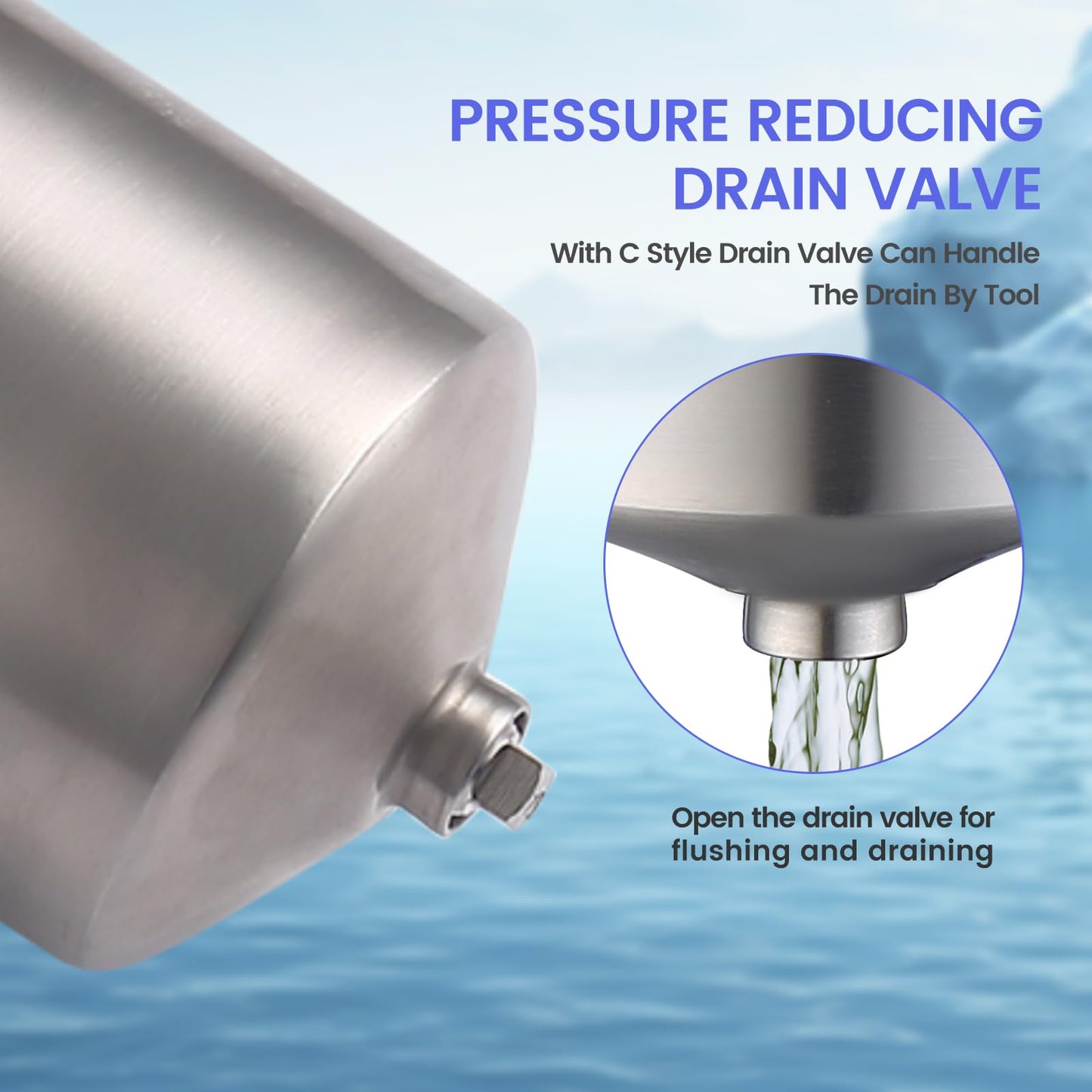 Amwater NSF/ANSI 42 Certification Big+ Stainless Steel Filter Housing for 20”Length,4.5"OD Filter Cartridge, Drain Valve Style C (Square Head)