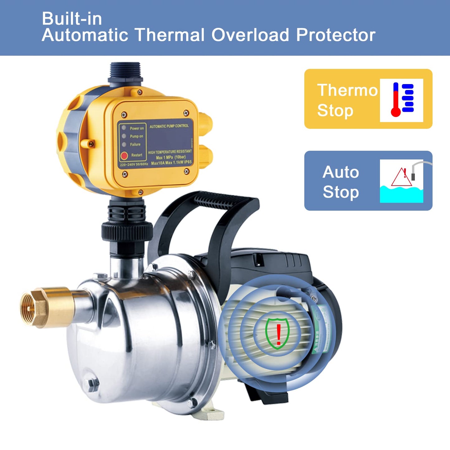 TDRSUPER 1/2 HP Water Pressure Booster Pump with Smart Controller, 845GPH, 110V, Stainless Steel Well Pump, Automatic Water Transfer Jet Pump for Home, Garden, Lawn, Irrigation