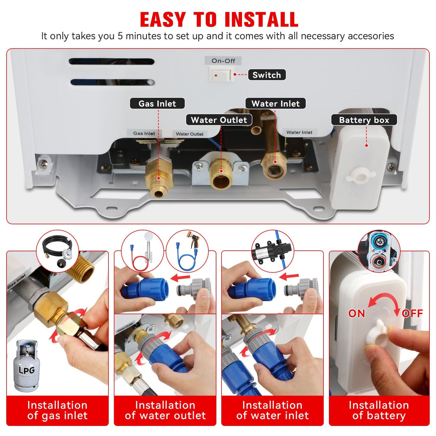 Tankless Water Heater Propane,2.64GPM 10L Outdoor Portable water heater,with 2 GPM Water Pump, Instant Propane water heater with Digital Display Multi-Protection for Camping Trips